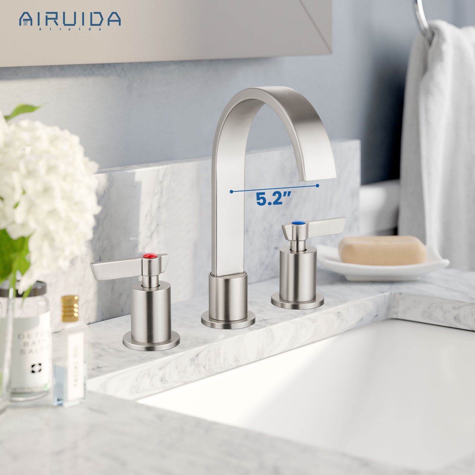 Airuida 3 Hole Bathroom Faucet,8 inch Widespread Tap 2 Handles Stainless Steel Lavatory Vanity Sink Faucets with Pop Up Drain 360 Degree Swivel Waterfall Spout