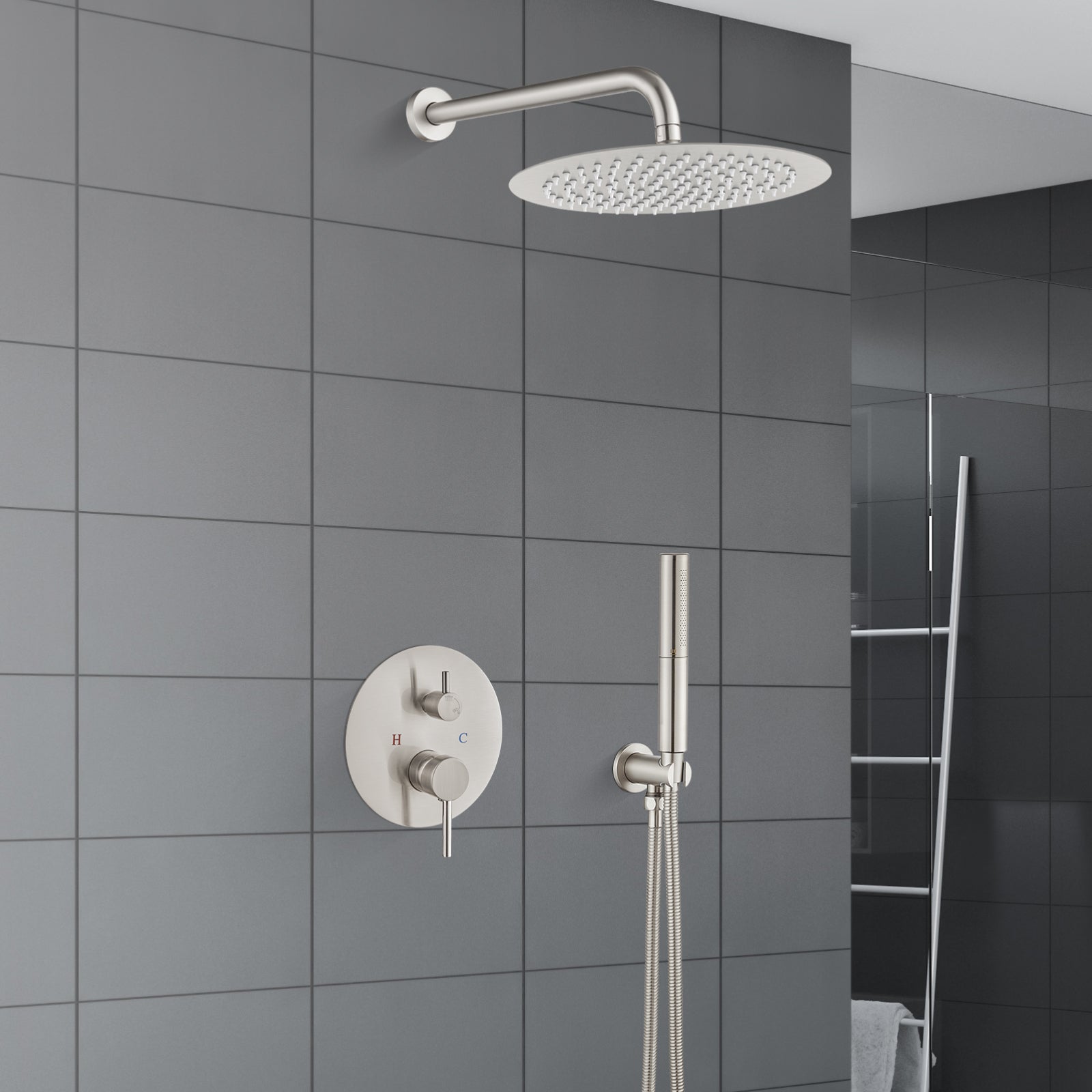 Airuida Shower Fixtures 2 Functions Shower Faucet Set Wall Mounted for Bathroom High Pressure Brass Handheld Shower with Rough-in Valve Round Rainfall 10 Inch Shower Head Brushed Nickel