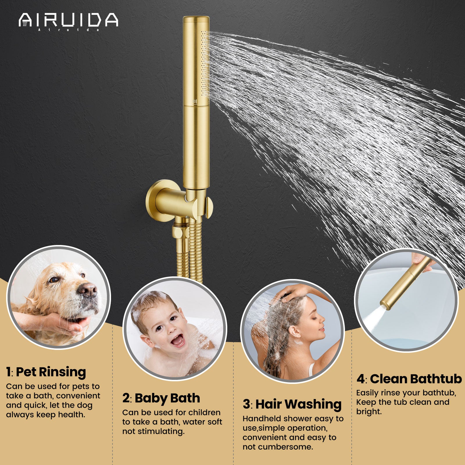 Airuida Shower Fixtures 2 Functions Shower Faucet Set Wall Mounted for Bathroom High Pressure Brass Handheld Shower with Rough-in Valve Round Rainfall 8 Inch Shower Head Brushed Gold
