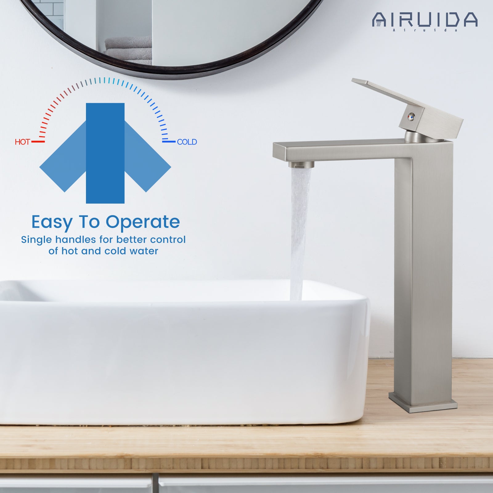 Airuida Single Handle Vessel Sink Faucet,Tall Bathroom Sinks Faucet,1 Hole Lavatory Modern Faucet for Bowl Sink,Vanity Mixer Bar Tap with Water Supply Hoses Deck Mount Square Spout
