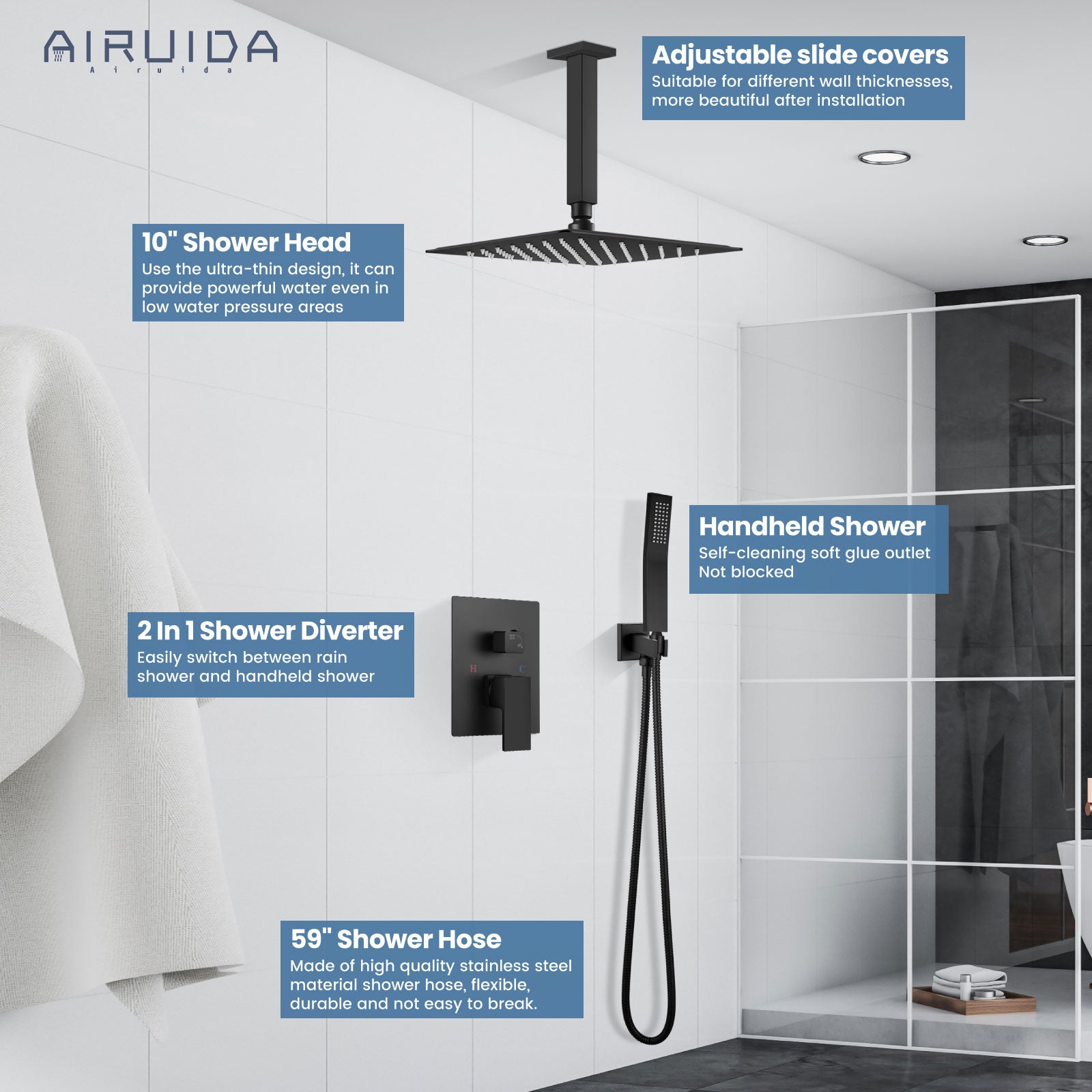 Airuida Matte Black Ceiling Mount Rain Shower System Shower Faucets Sets Complete 10 Inch Square SUS304 Rainfall Shower Head with Brass Handheld Spray, Rough-in Valve Mixer Shower Combo Set