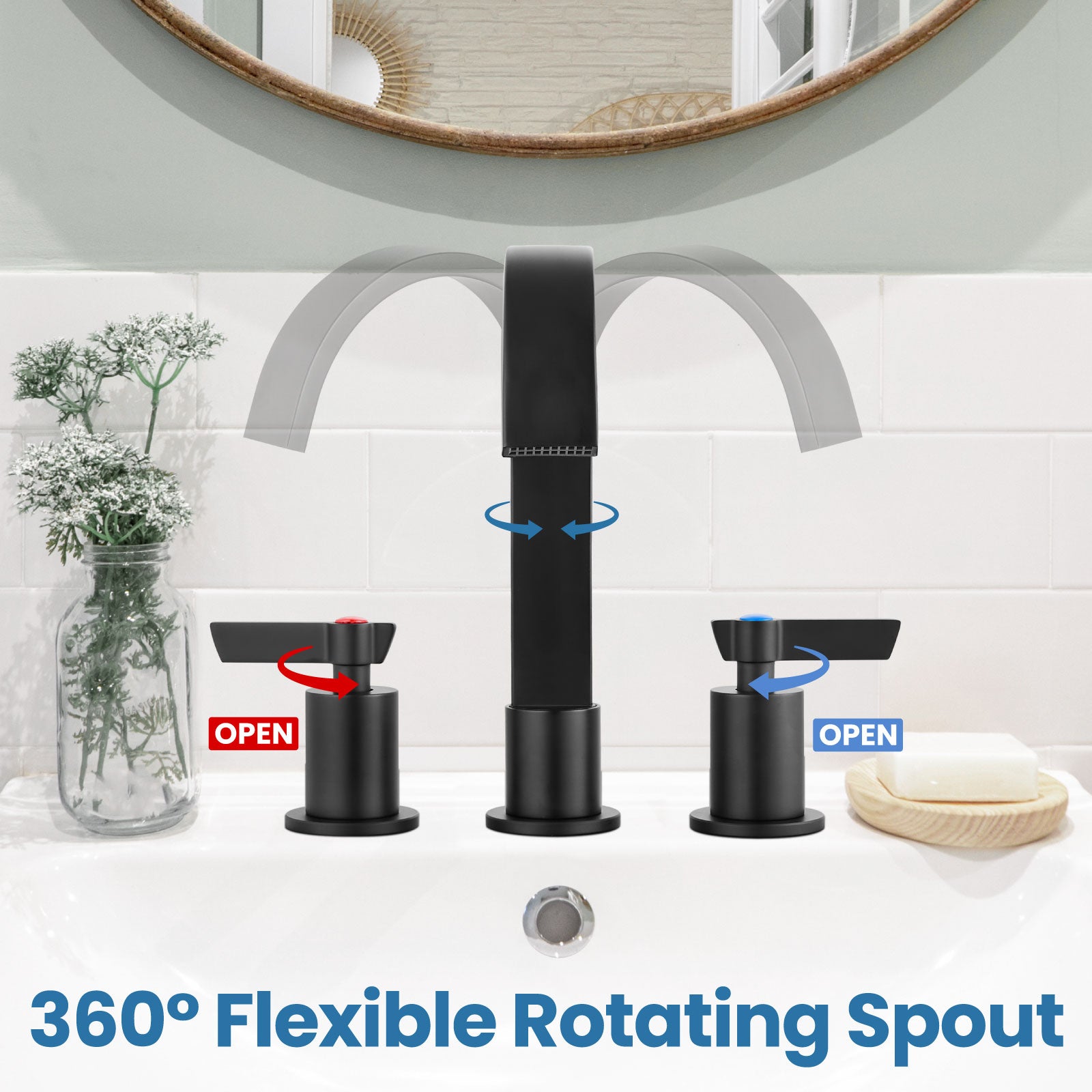 Airuida 3 Hole Bathroom Faucet,8 inch Widespread Tap 2 Handles Stainless Steel Lavatory Vanity Sink Faucets with Pop Up Drain 360 Degree Swivel Waterfall Spout