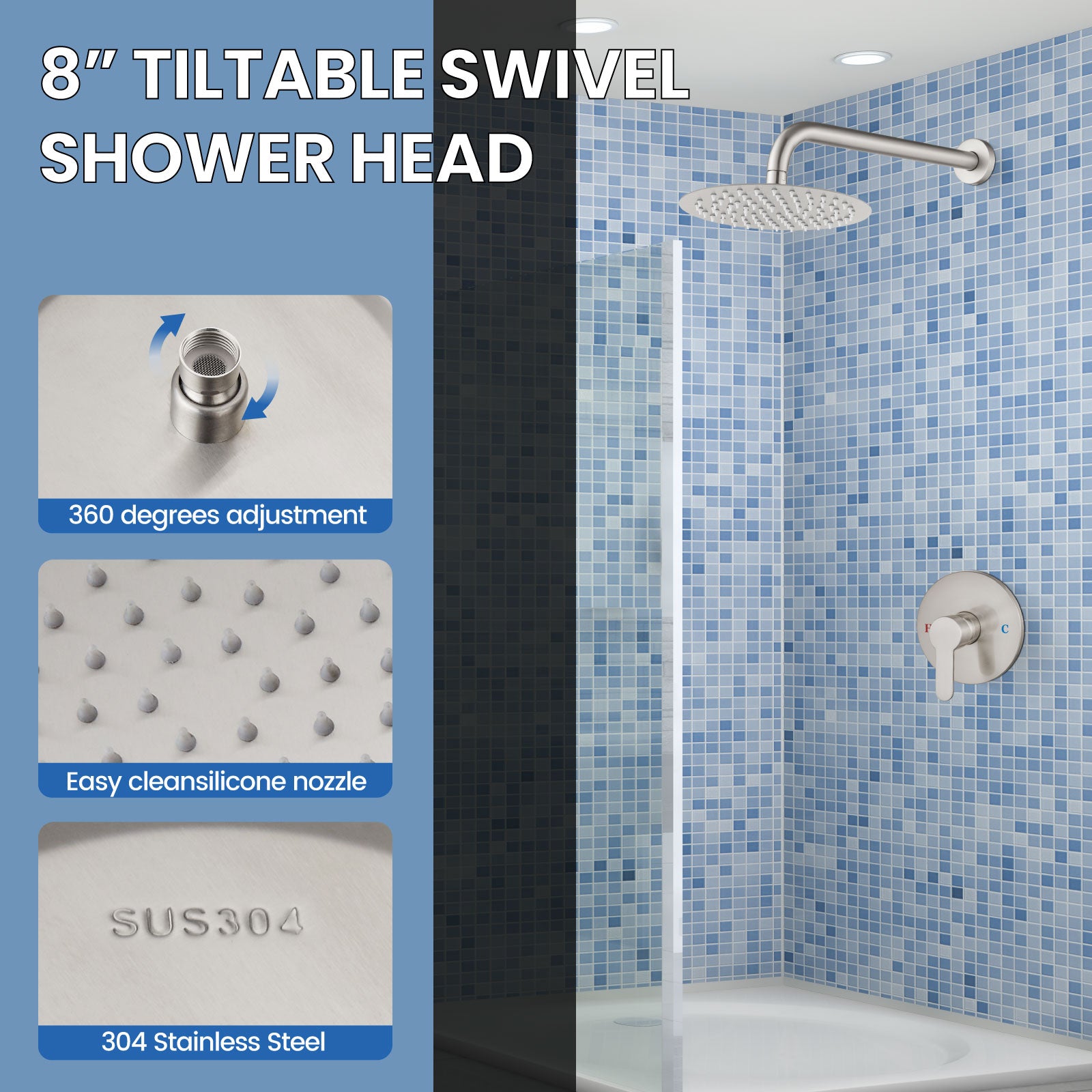 Airuida Shower Faucet Set,Shower Trim Kit with Female Threads Rough-in Valve,Wall Mount SUS304 8 Inch Round Shower Head and Handle Set,Rainfall Shower System without Tub Spout Brushed Nickel