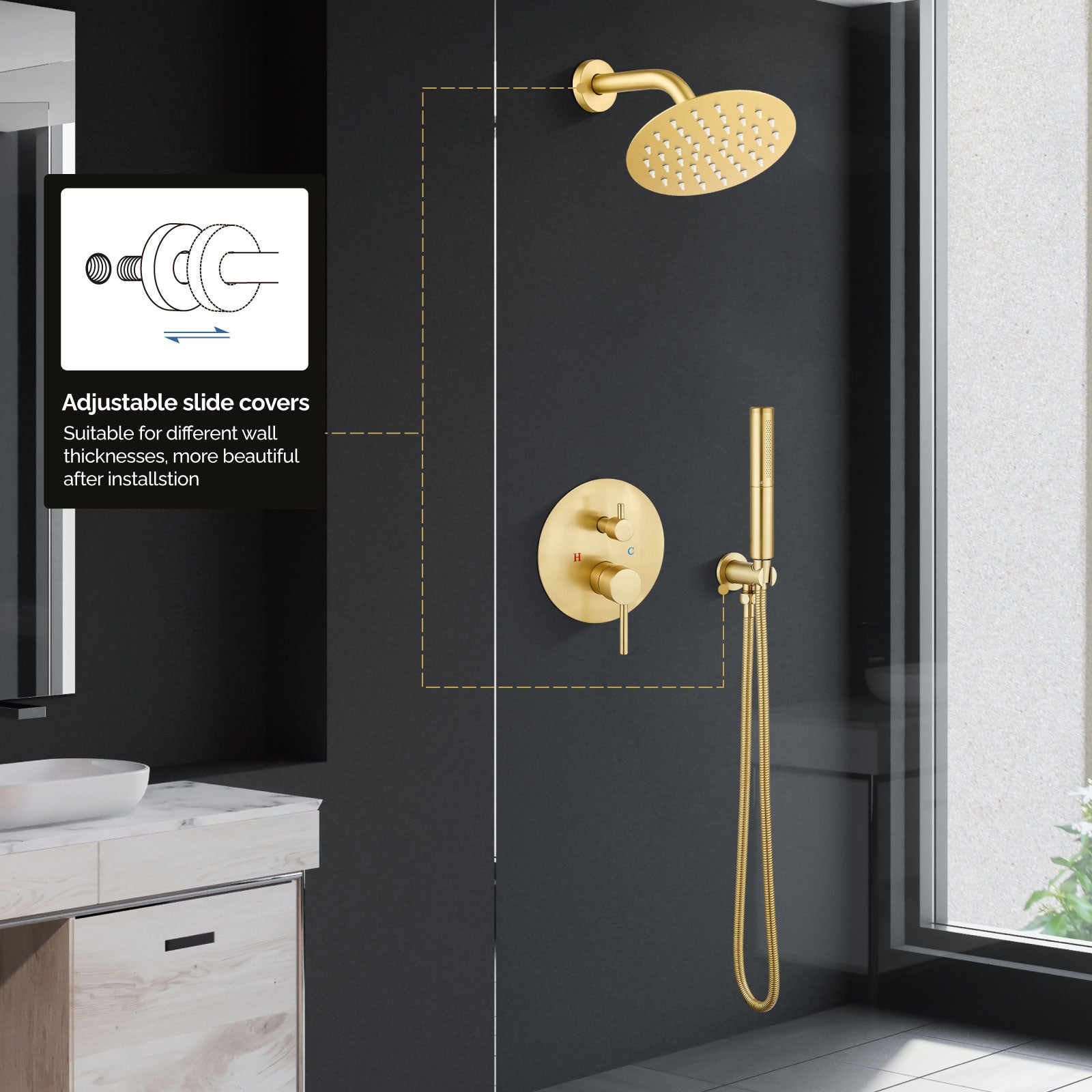 Airuida Shower Fixtures 2 Functions Shower Faucet Set Wall Mounted for Bathroom High Pressure Brass Handheld Shower with Rough-in Valve Round Rainfall 8 Inch Shower Head Brushed Gold