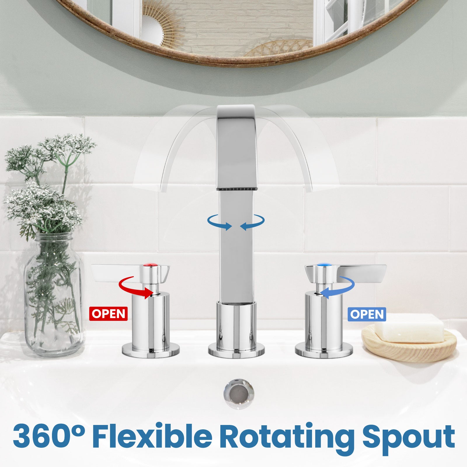 Airuida 3 Hole Bathroom Faucet,8 inch Widespread Tap 2 Handles Stainless Steel Lavatory Vanity Sink Faucets with Pop Up Drain 360 Degree Swivel Waterfall Spout