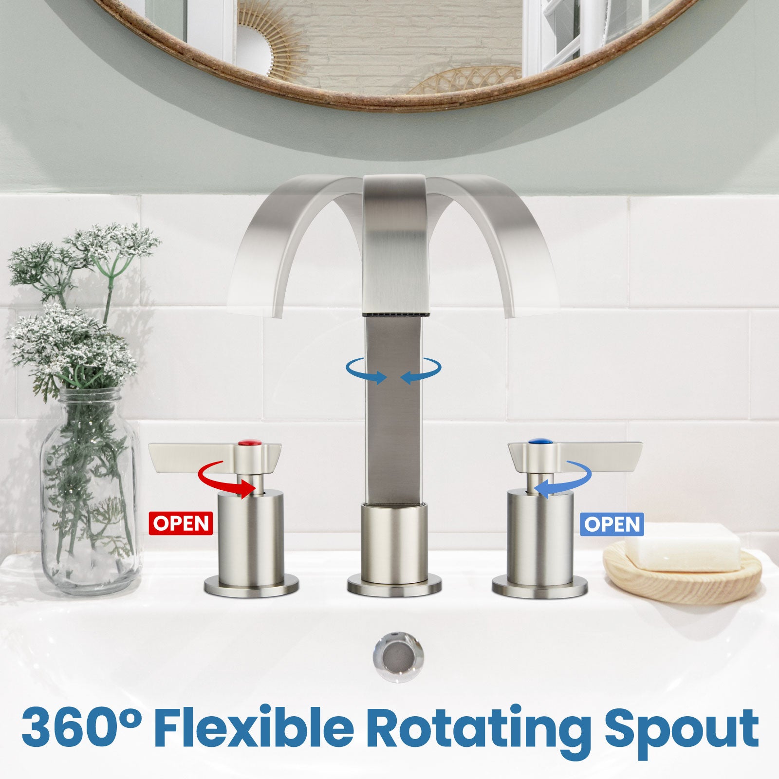 Airuida 3 Hole Bathroom Faucet,8 inch Widespread Tap 2 Handles Stainless Steel Lavatory Vanity Sink Faucets with Pop Up Drain 360 Degree Swivel Waterfall Spout