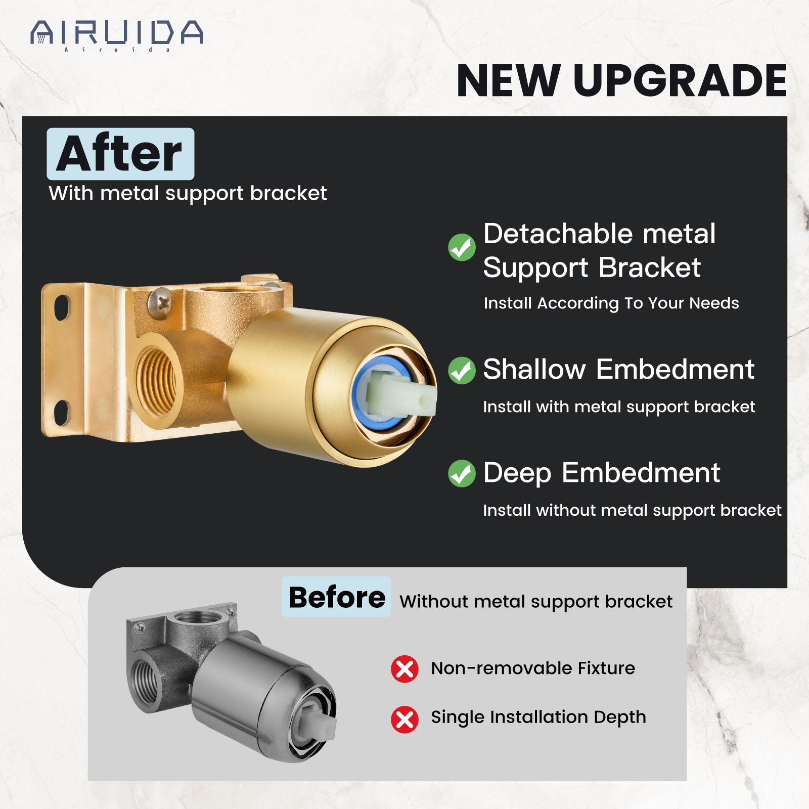 Airuida Round Single-Function Shower Handle Valve Trim Kit Shower Valves Wall Mount Brass Faucet Shower Rough-in Valve Bathroom Trim Kit Single Handle Tub Shower Valve Female Thread Brushed Gold