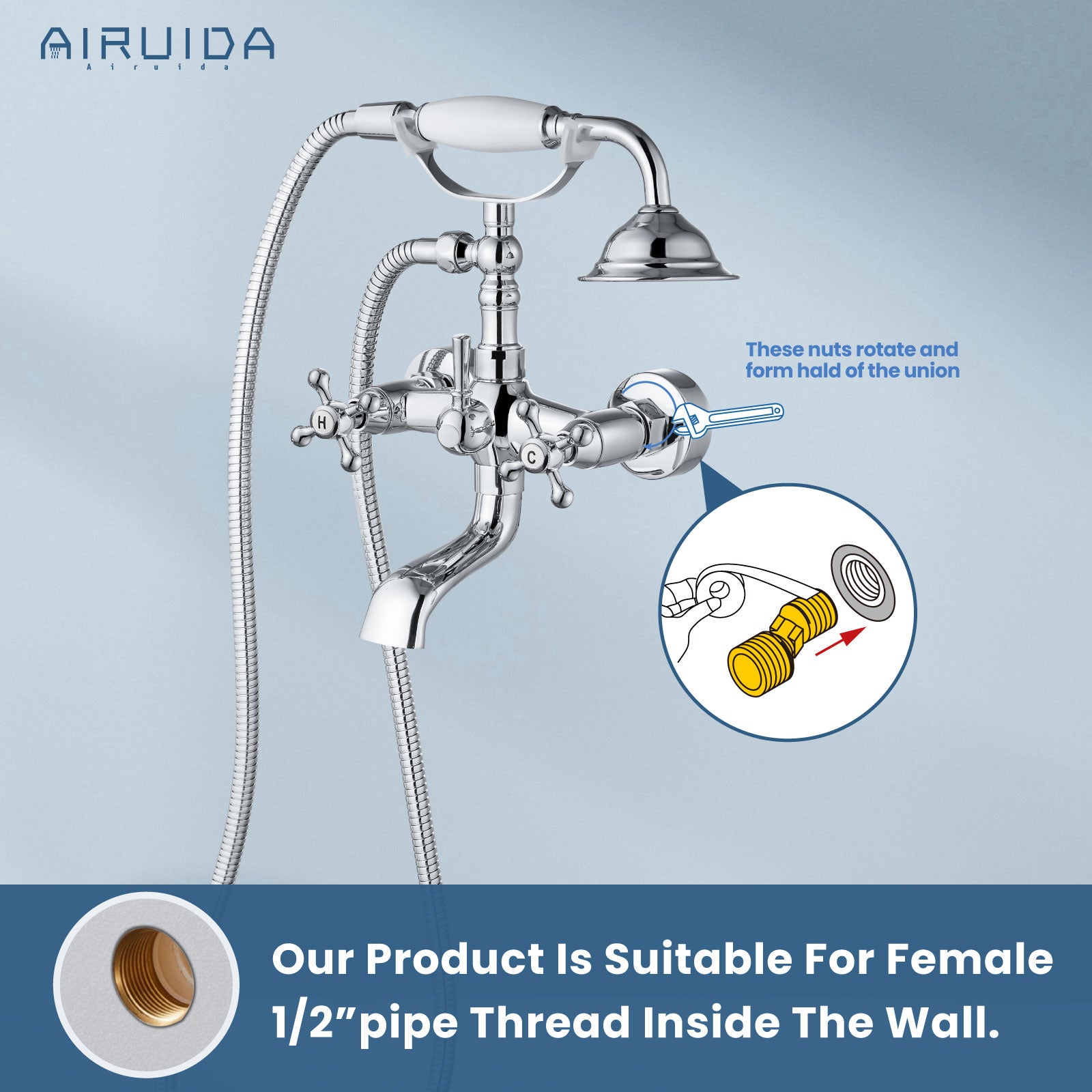 Airuida Wall Mount Bathtub Shower Faucet Kit with Telephone Shaped Handheld Sprayer Double Hot and Cold Water Mixer Tap Wall Mounted Tub Filler Set Vintage Style Cross Handles Chrome Polish