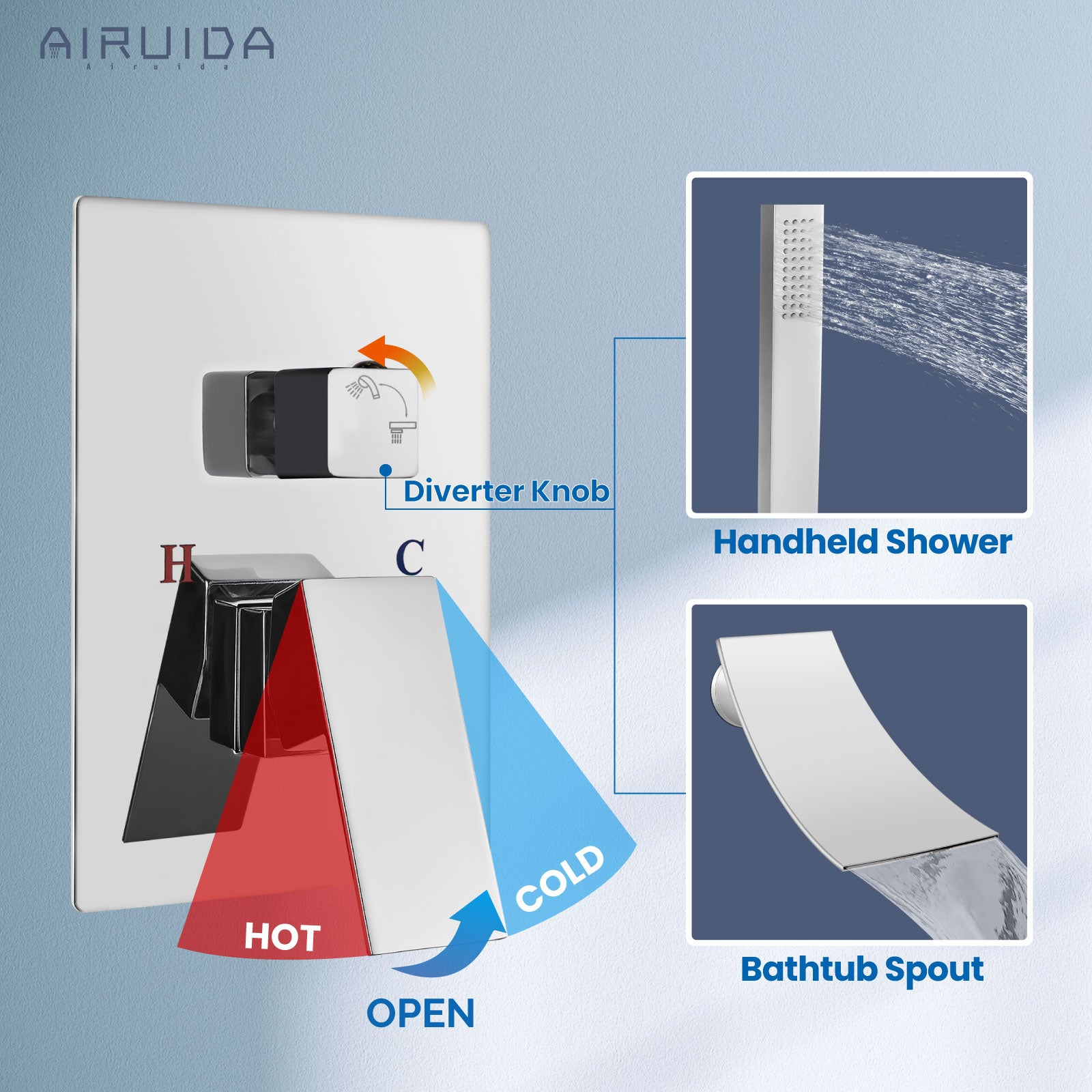 Airuida Wall Mount Tub Faucet with Waterfall Tub Spout Wall Mounted Bathtub Faucet with Handheld Shower Single Handle Tub Filler Shower Faucet Set with Rough-in valve Curved Spout Chrome Polish