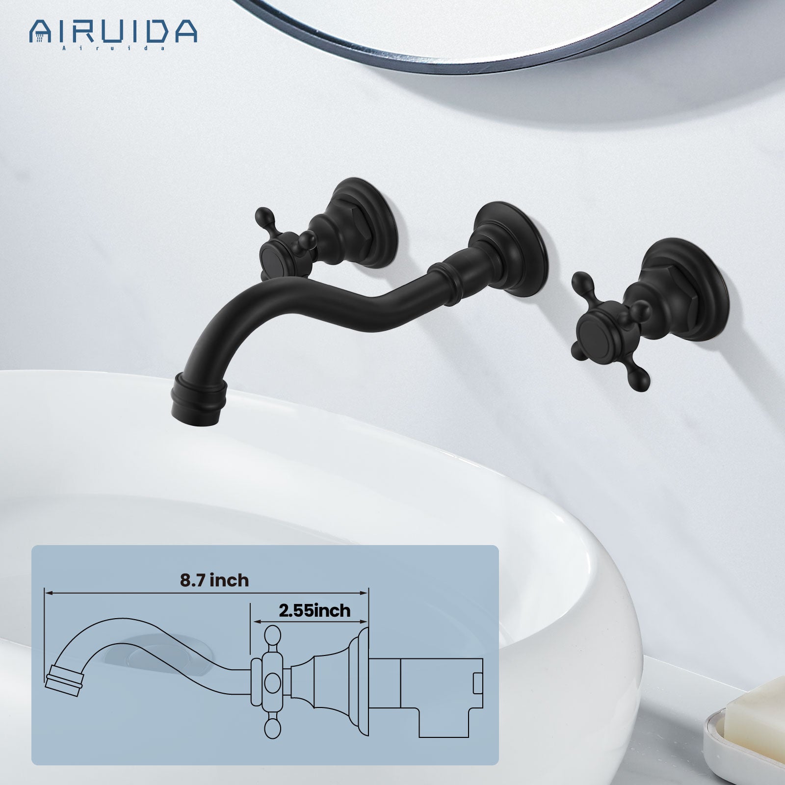 Airuida Wall Mount Bathroom Faucet Widespread Wall Mounted Bathroom Sink Faucet 360 Swivel Spout 2 Cross Knobs 3 Holes Lavatory Basin Sink Mixing Faucet with Brass Rough in Valve Matte Black