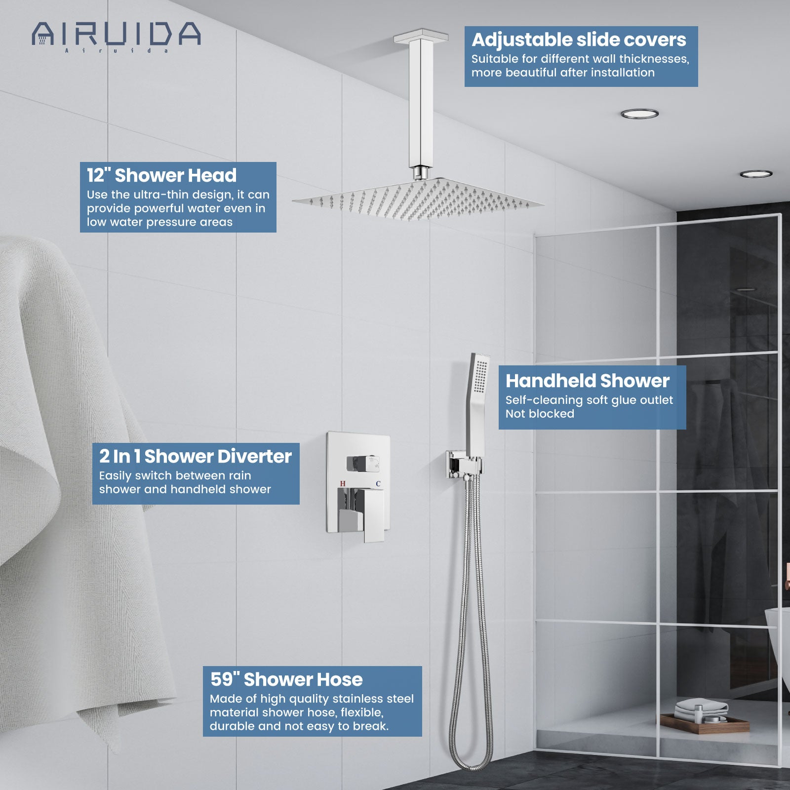 Airuida 12 Inch Ceiling Shower System SUS304 Ultra-thin Ceiling Mount Rain Shower Head with Handheld Rough-in Valve Bathroom Luxury Brass Shower Rain Mixer Shower Faucet Set