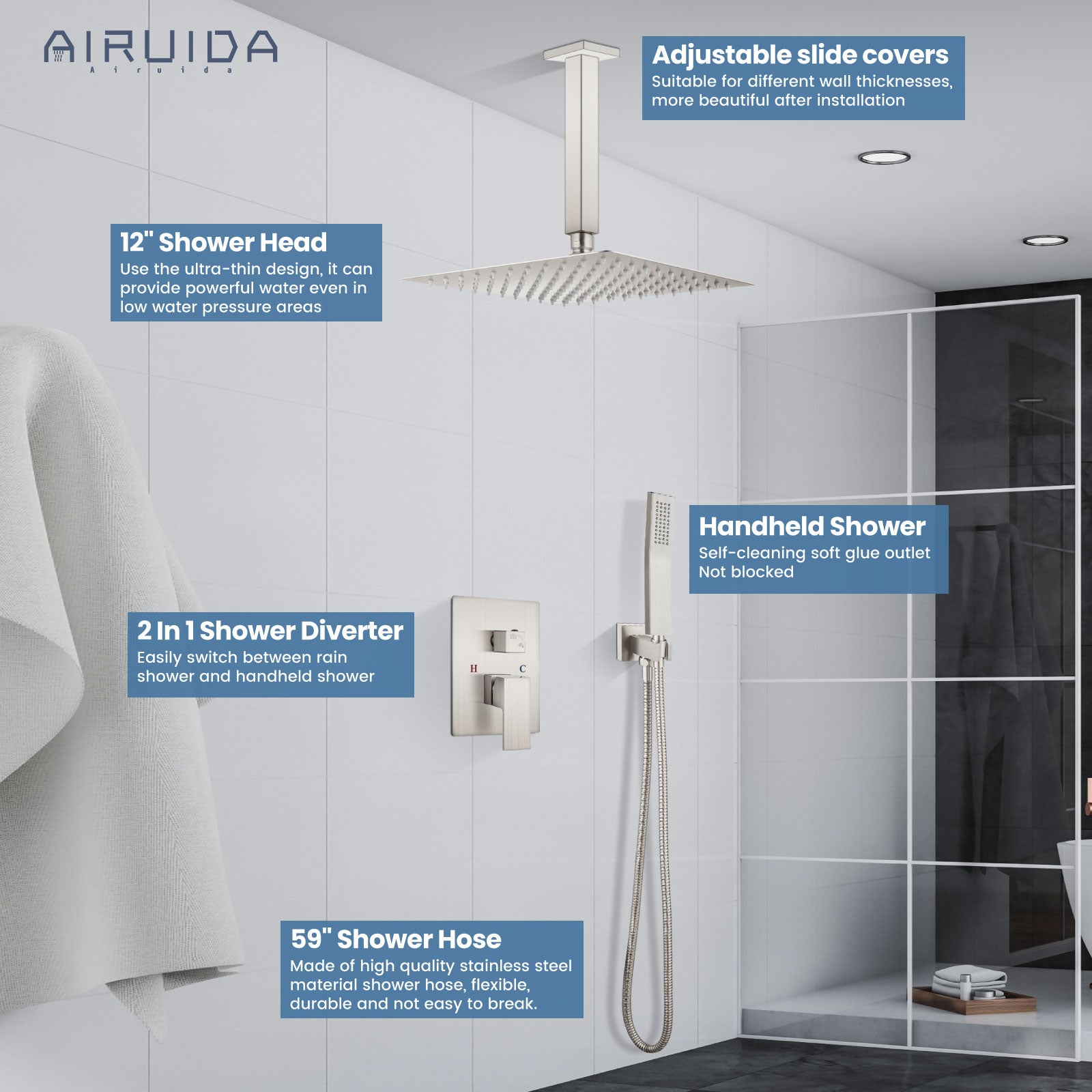Airuida 12 Inch Ceiling Shower System SUS304 Ultra-thin Ceiling Mount Rain Shower Head with Handheld Rough-in Valve Bathroom Luxury Brass Shower Rain Mixer Shower Faucet Set