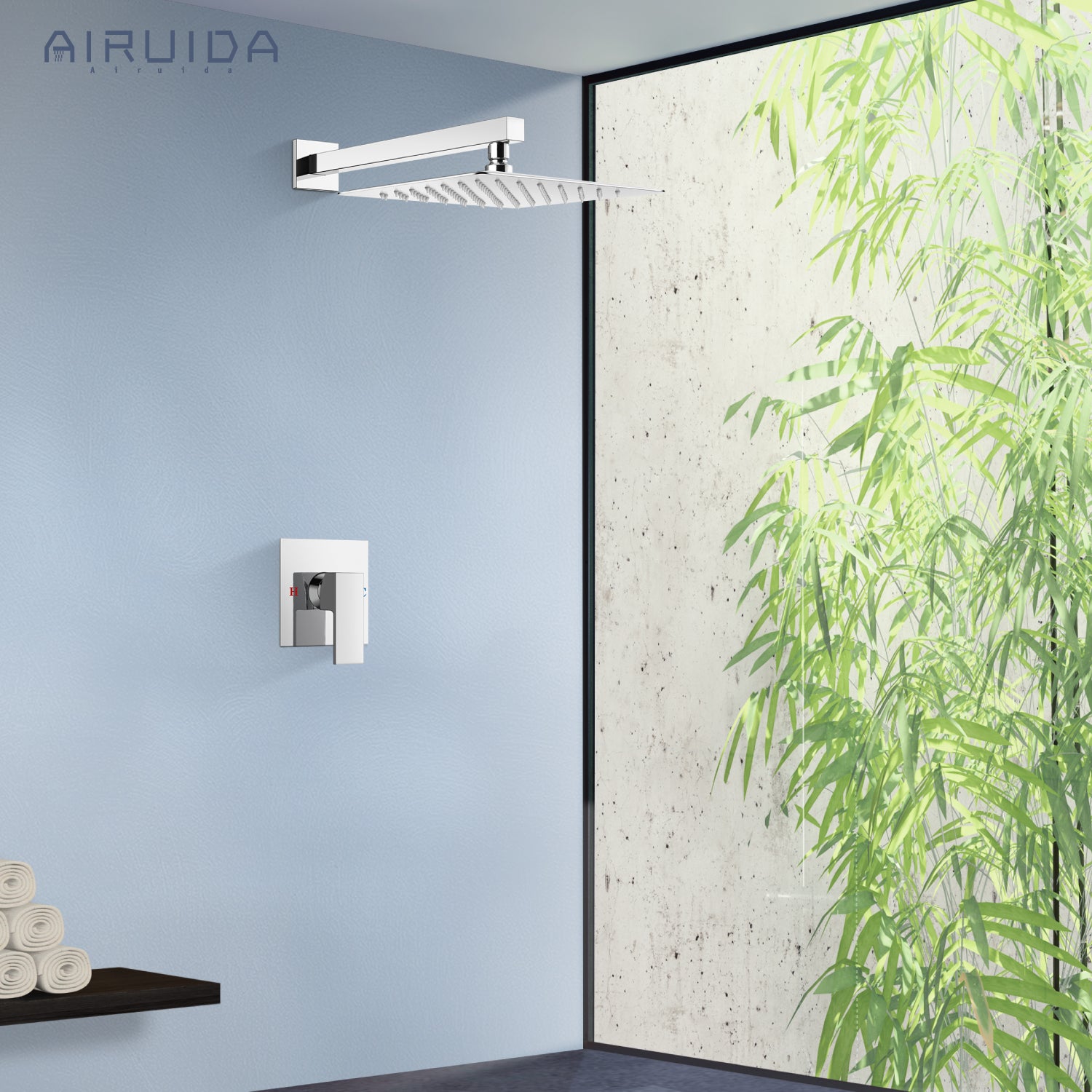 Airuida Shower Faucet Set, Single Function Shower Handle Wall Mount Bathroom Rainfall Shower Mixer, Square 10 Inch Shower Head Shower Valve and Trim Kit with Female Thread Rough-in Valve