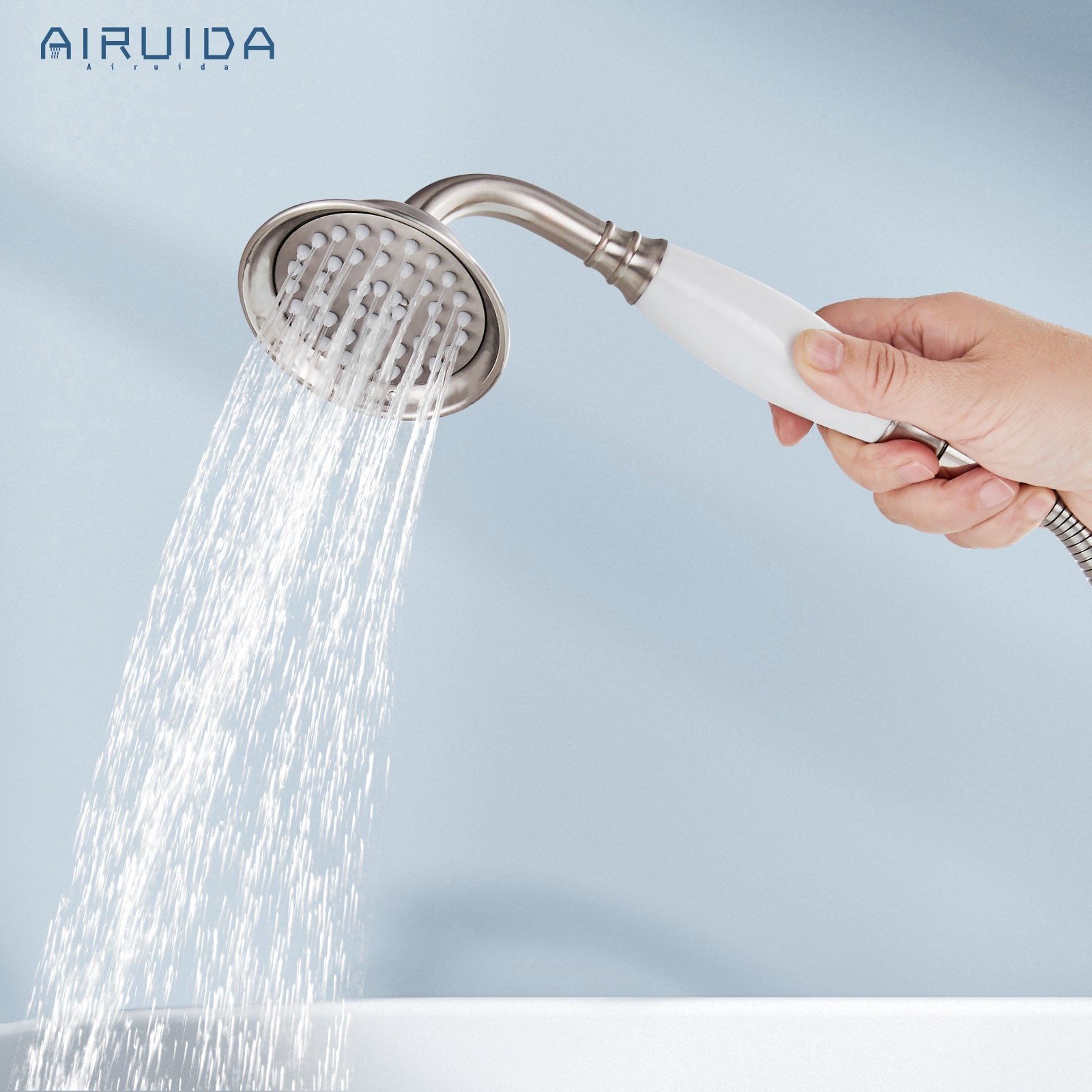 Airuida Wall Mount Bathtub Shower Faucet Kit with Telephone Shaped Handheld Sprayer Double Hot and Cold Water Mixer Tap Wall Mounted Tub Filler Set Vintage Style Lever Handles Brushed Nickel