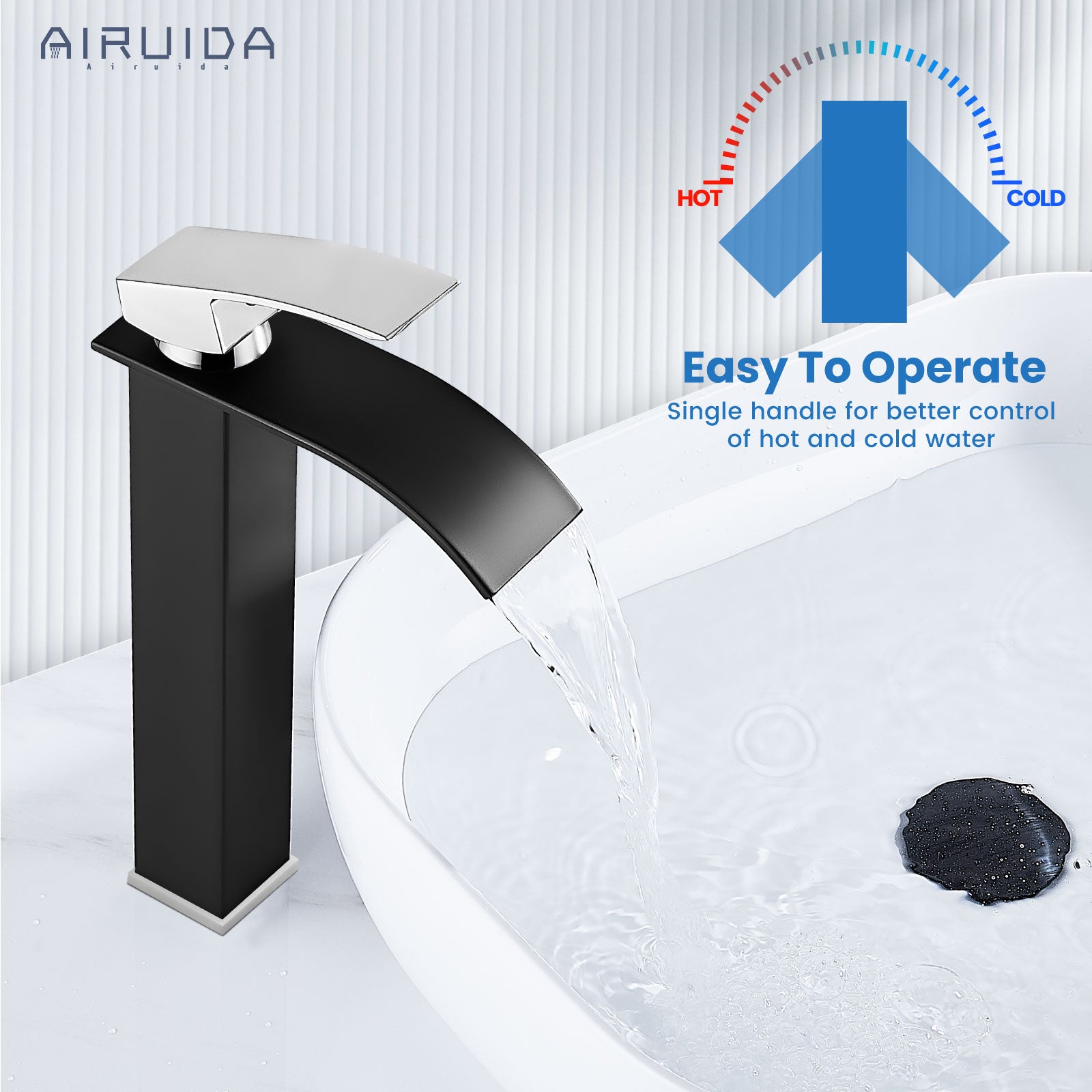 Airuida Vessel Sink Faucet, Tall Waterfall Bathroom Faucet, Single Handle One Hole Mixer Bowl Tap with Large Rectangular Spout, Bar Sink Faucet Lavatory Vanity