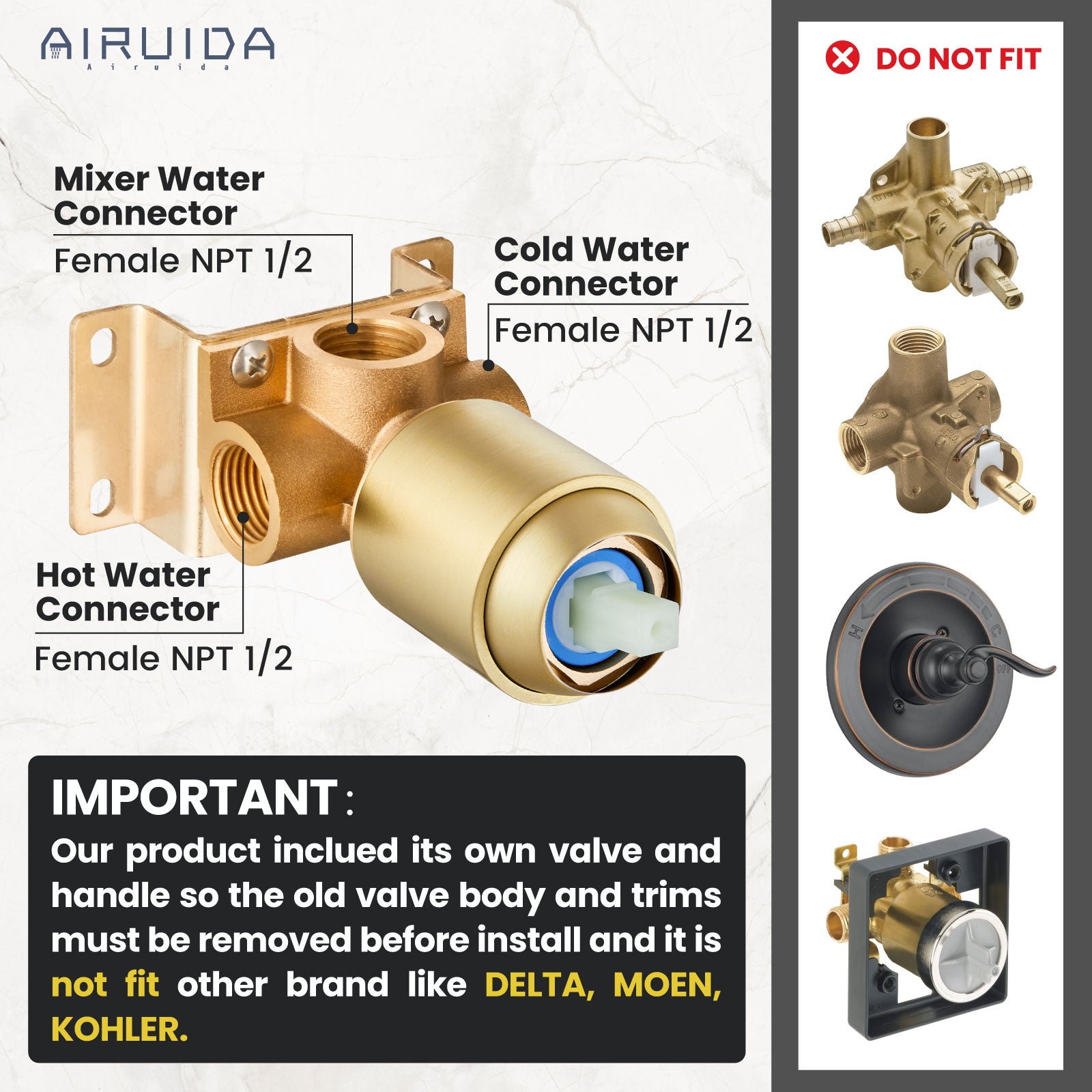 Airuida Round Single-Function Shower Handle Valve Trim Kit Shower Valves Wall Mount Brass Faucet Shower Rough-in Valve Bathroom Trim Kit Single Handle Tub Shower Valve Female Thread Brushed Gold
