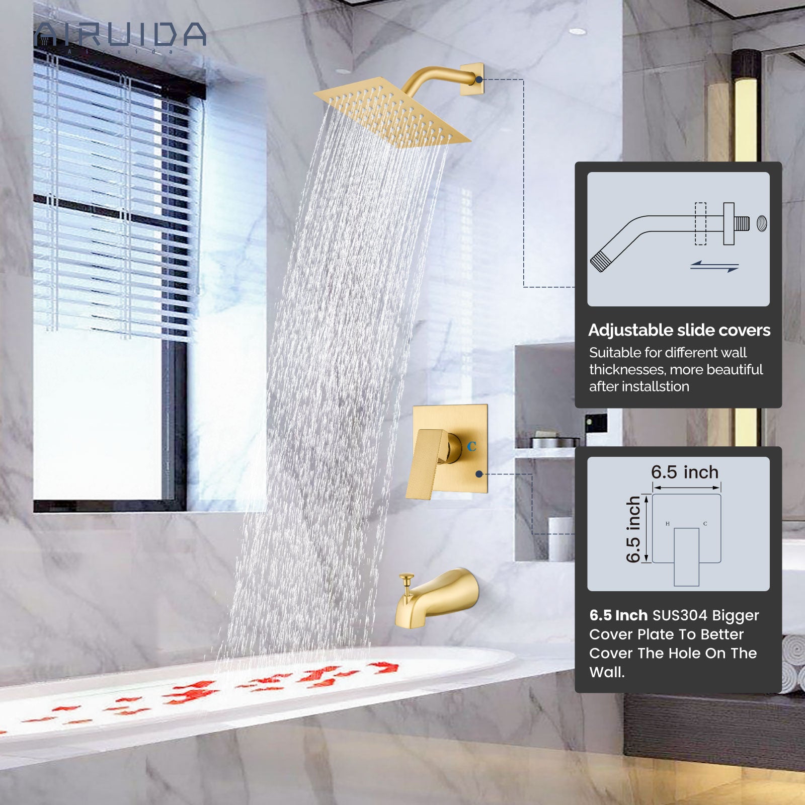 Airuida Shower Faucet Set with Tub Spout Bathtub Faucet Kit Shower Tub Faucet Set Complete Tub Shower Trim Kit with Solid Brass Rough-in Valve and Rainfall Square Showerhead