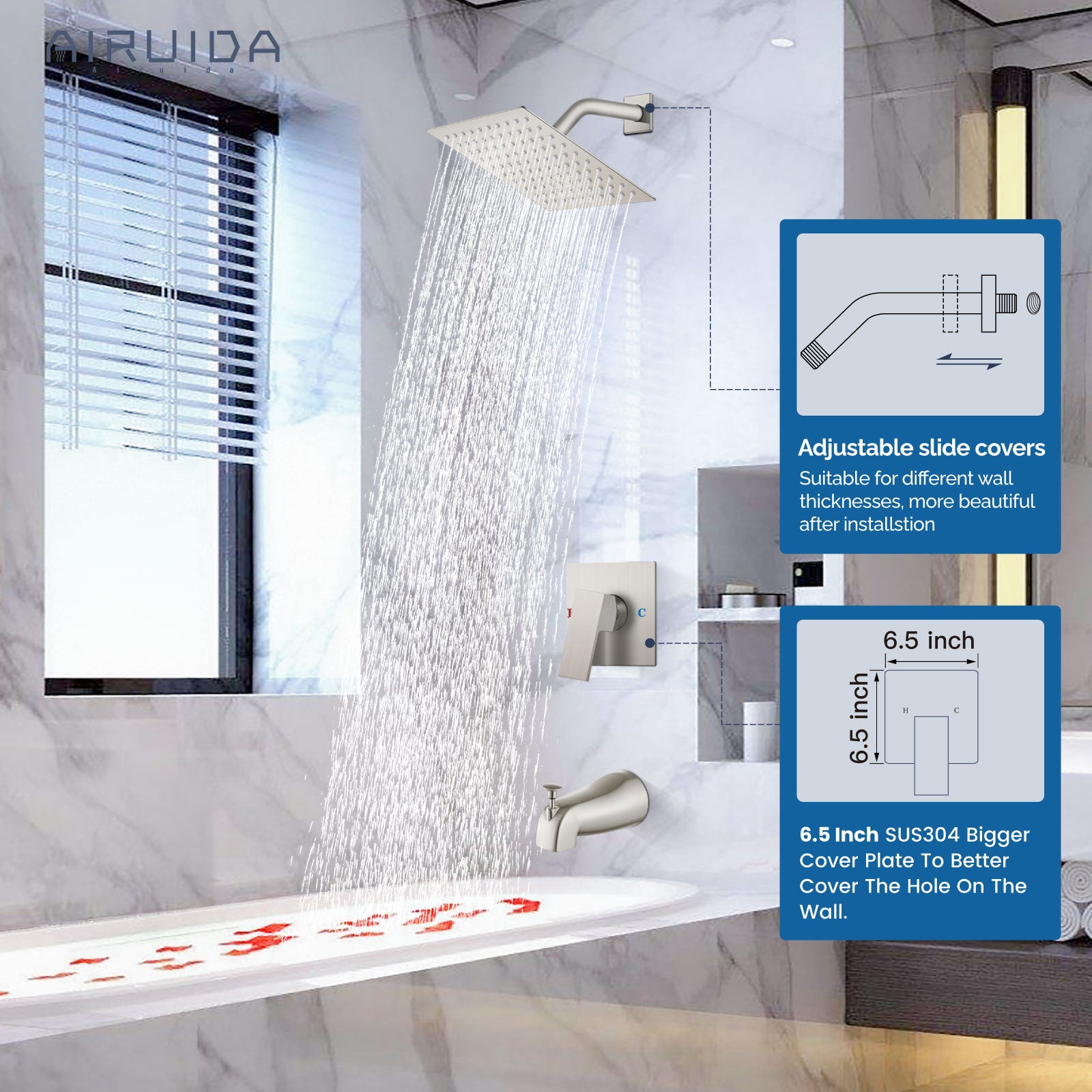 Airuida Shower Faucet Set with Tub Spout Bathtub Faucet Kit Shower Tub Faucet Set Complete Tub Shower Trim Kit with Solid Brass Rough-in Valve and Rainfall Square Showerhead