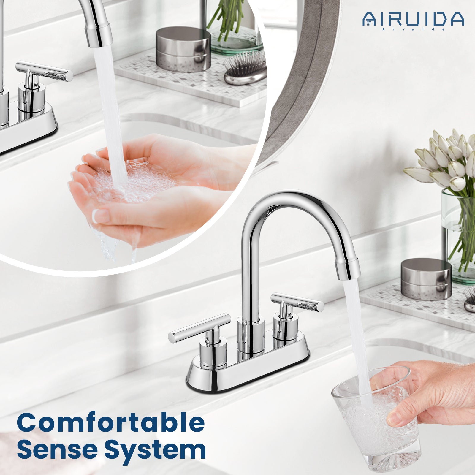 Airuida 4 Inch Centerset Bathroom Faucets,2 Handle Bathroom Sink Faucet Stainless Steel,Two Hole Restroom Vanity Faucet with Pop Up Drain 2 Water Supply Lines and Swivel Round Spout Chrome Polish