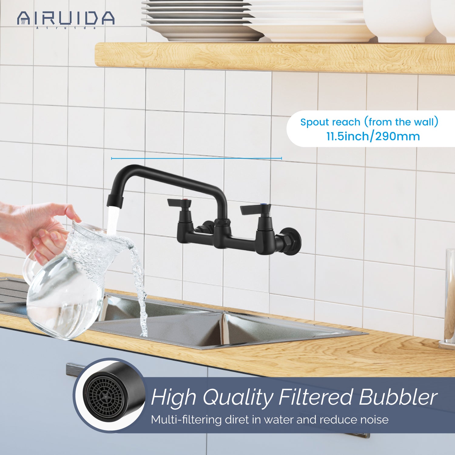 Airuida Wall Mount Kitchen Sink Faucet Commercial Sink Faucet 8 Inch Center Kitchen Mixer Commercial Tap for Laundry Room with 2 Hole Double Handles 360 Rotatable