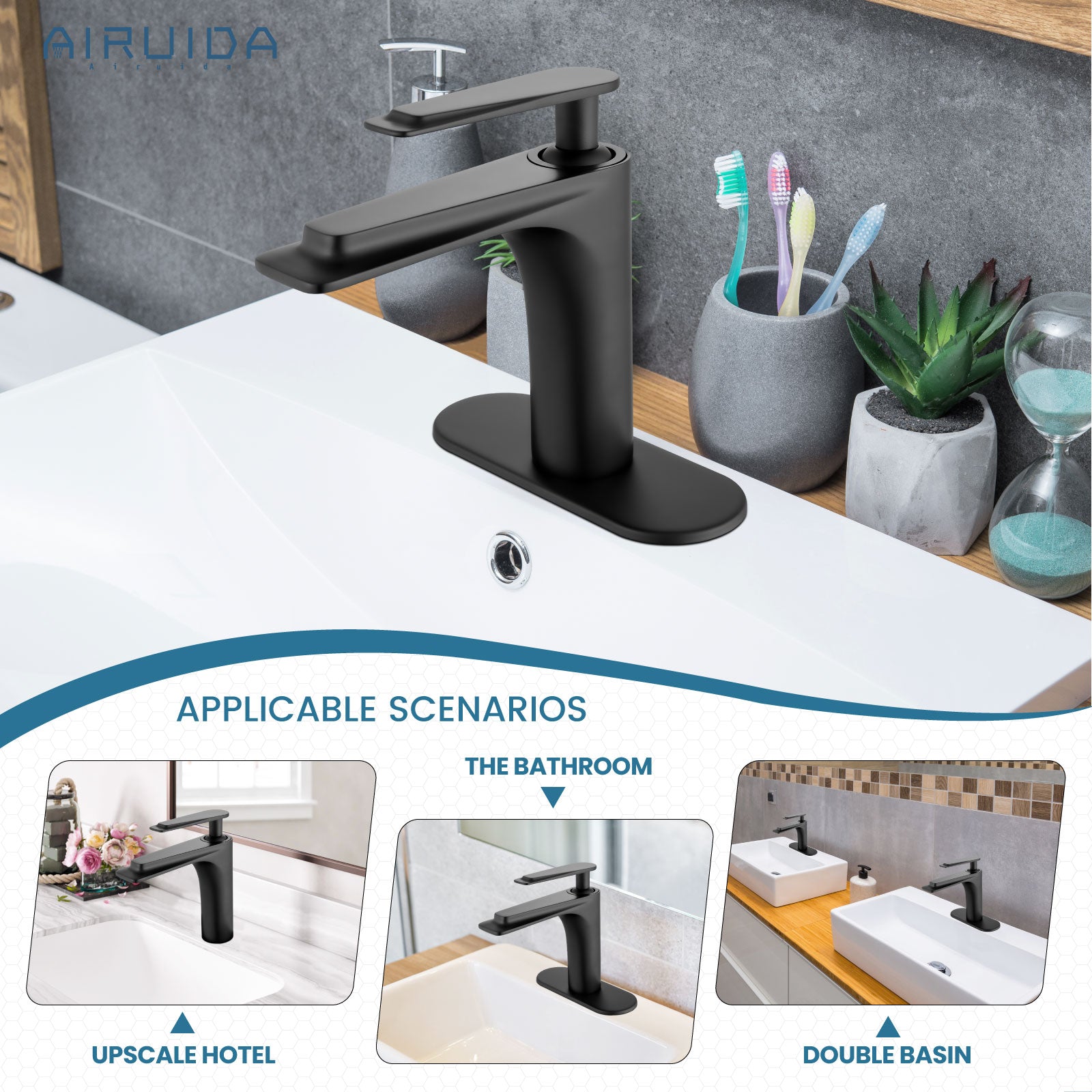 Airuida Single Handle Bathroom Sink Faucet 1 or 3 Hole Washbasin Mixer Tap Deck Mount Solid Brass Material Bath Lavatory Short Vanity Bathroom Faucet with Pop Up Drain and Deck Plate