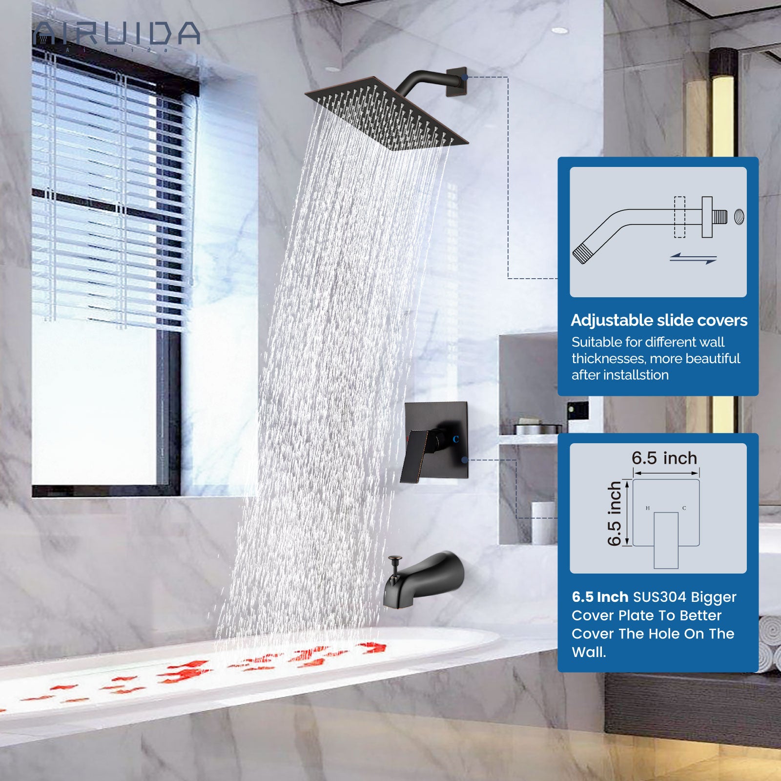 Airuida Shower Faucet Set with Tub Spout Bathtub Faucet Kit Shower Tub Faucet Set Complete Tub Shower Trim Kit with Solid Brass Rough-in Valve and Rainfall Square Showerhead