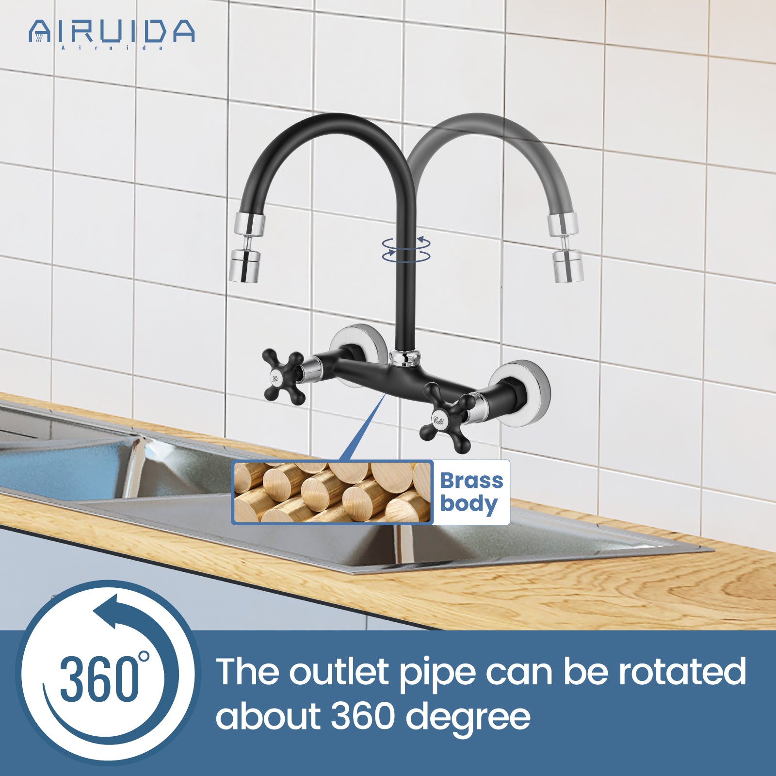 Airuida Matte Black & Polished Chrome Wall Mount Faucet with Sprayer Commercial Kitchen Faucet 8 Inch Center Utility Sink Faucet 360 Degree Swivel Spout Restaurant Sinks Laundry Room Faucet