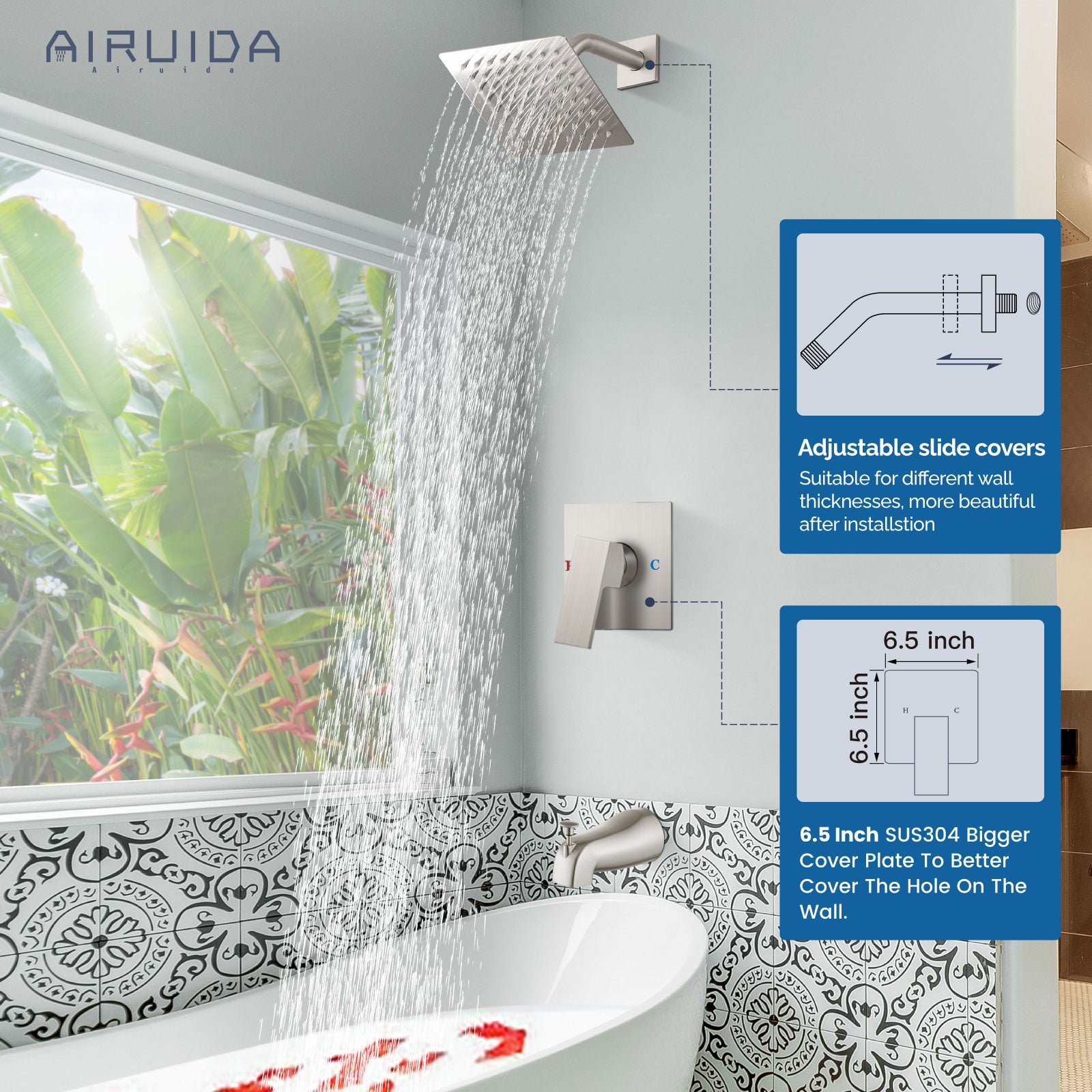 Airuida Shower Faucet Set with Tub Spout Bathtub Faucet Kit Shower Tub Faucet Set Complete Tub Shower Trim Kit with Solid Brass Rough-in Valve and Rainfall Square Showerhead