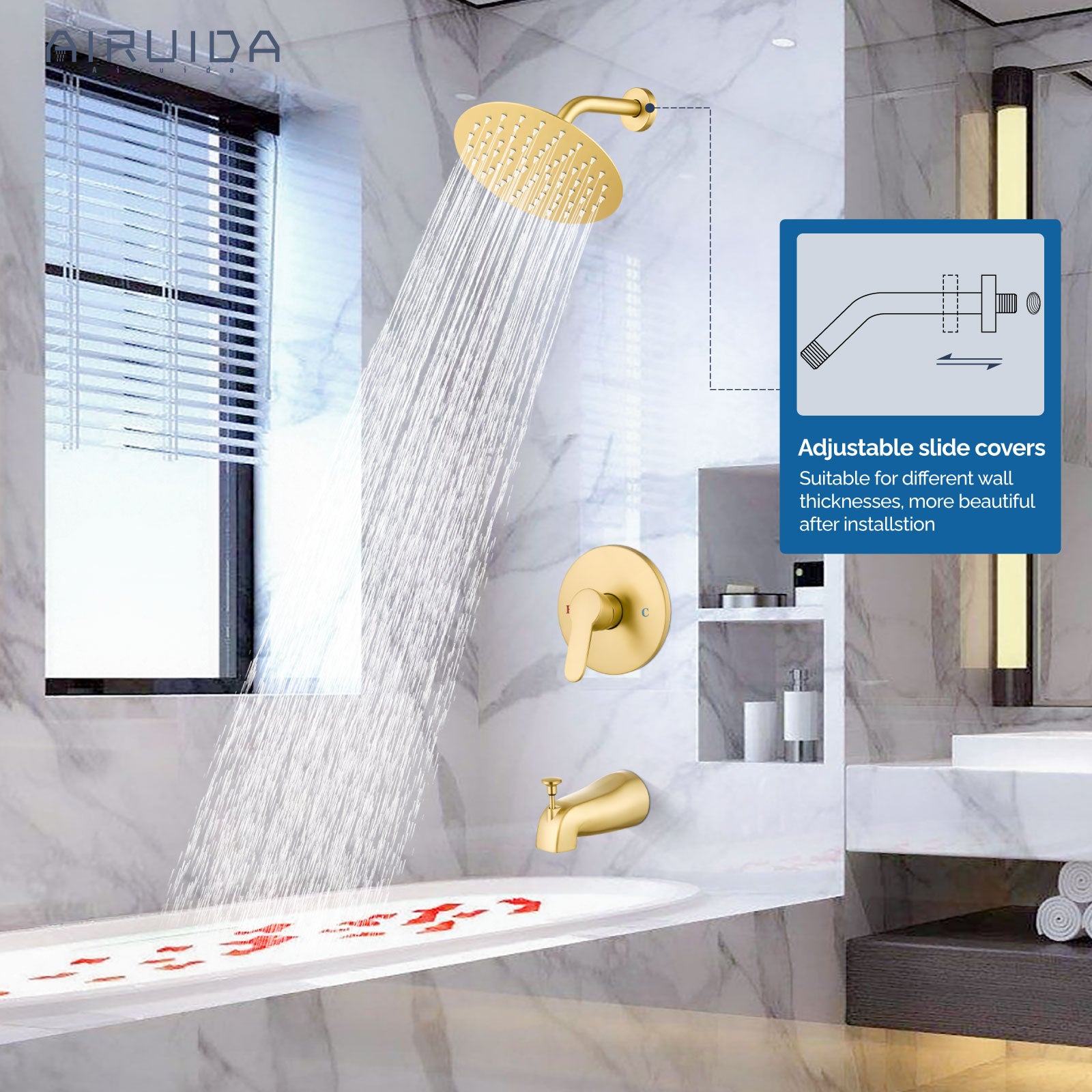 Airuida Shower Faucet Set with Tub Spout Bathtub Faucet Kit Shower Tub Faucet Set Complete Tub Shower Trim Kit with Solid Brass Rough-in Valve Rainfall Round Shower Head
