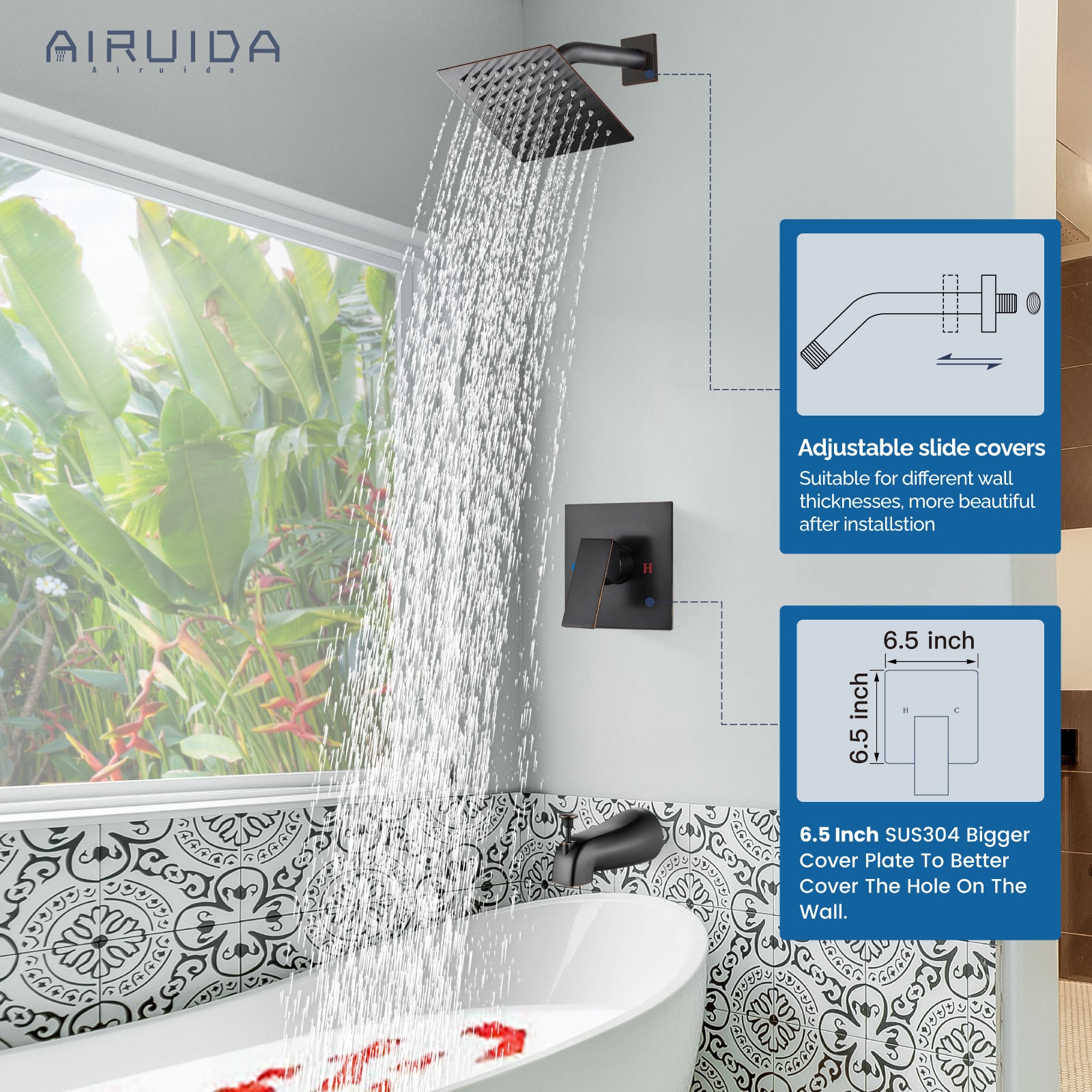 Airuida Shower Faucet Set with Tub Spout Bathtub Faucet Kit Shower Tub Faucet Set Complete Tub Shower Trim Kit with Solid Brass Rough-in Valve and Rainfall Square Showerhead