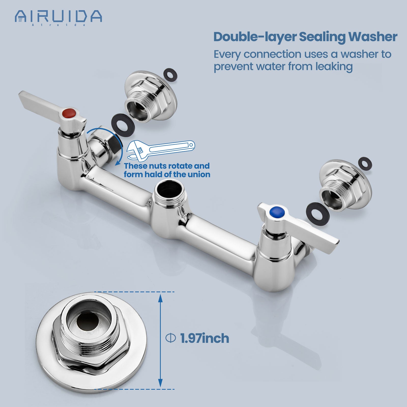 Airuida Wall Mount Kitchen Sink Faucet Commercial Sink Faucet 8 Inch Center Kitchen Mixer Commercial Tap for Laundry Room with 2 Hole Double Handles 360 Rotatable
