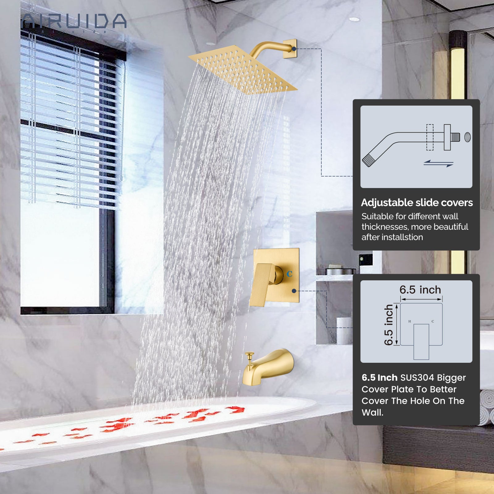 Airuida Shower Faucet Set with Tub Spout Bathtub Faucet Kit Shower Tub Faucet Set Complete Tub Shower Trim Kit with Solid Brass Rough-in Valve and Rainfall Square Showerhead