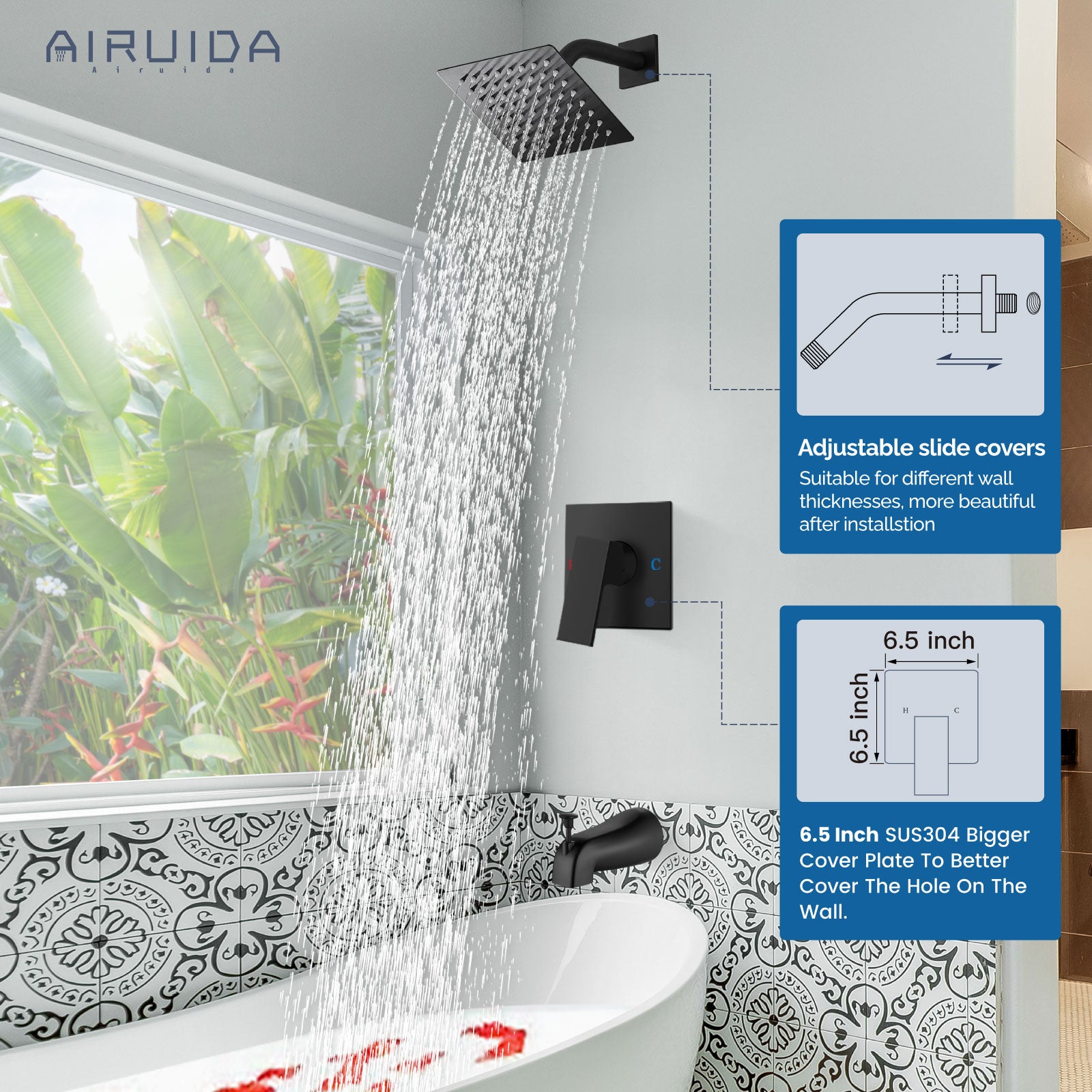 Airuida Shower Faucet Set with Tub Spout Bathtub Faucet Kit Shower Tub Faucet Set Complete Tub Shower Trim Kit with Solid Brass Rough-in Valve and Rainfall Square Showerhead