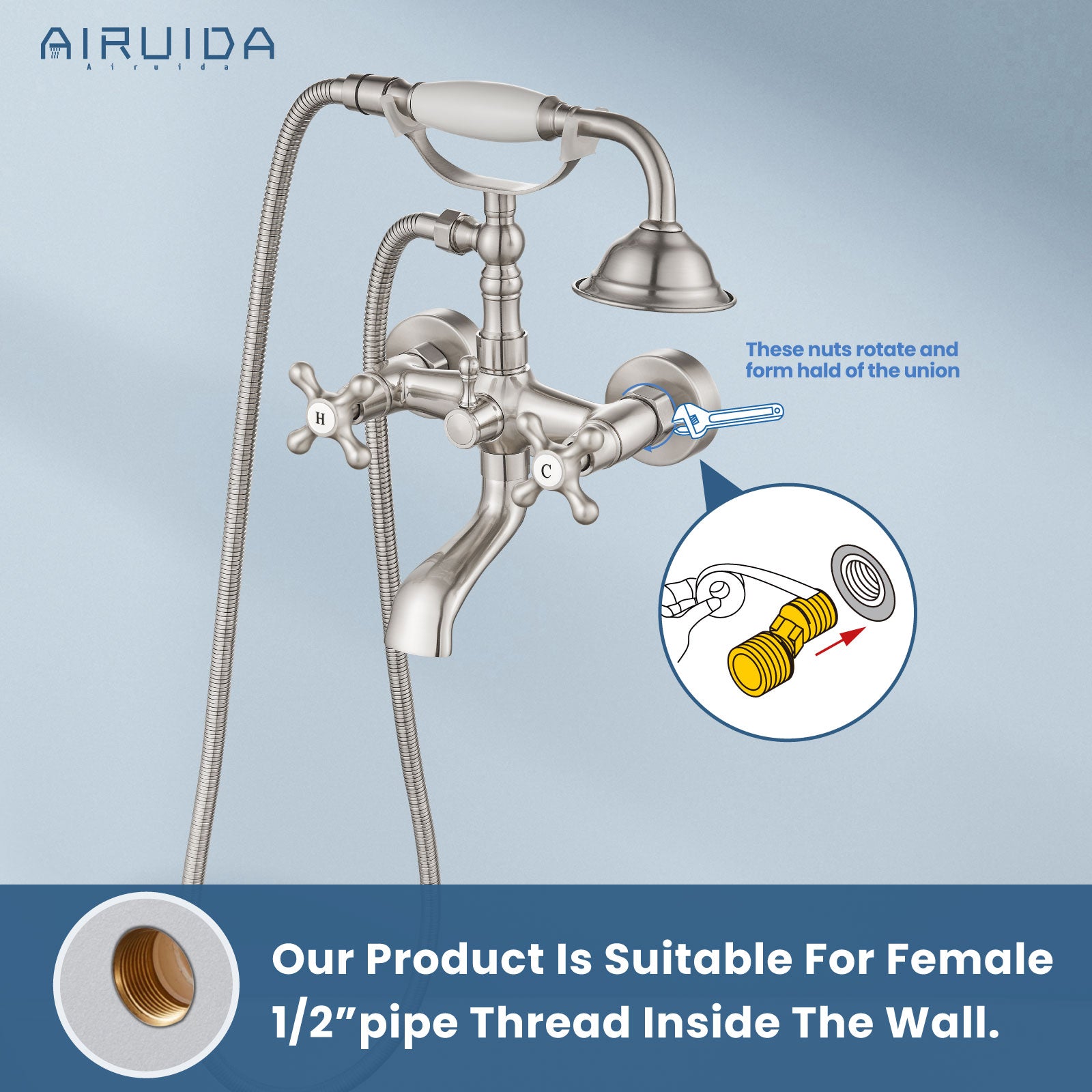 Airuida Wall Mount Bathtub Shower Faucet Kit with Telephone Shaped Handheld Sprayer Double Hot and Cold Water Mixer Tap Wall Mounted Tub Filler Set Vintage Style Lever Handles Brushed Nickel