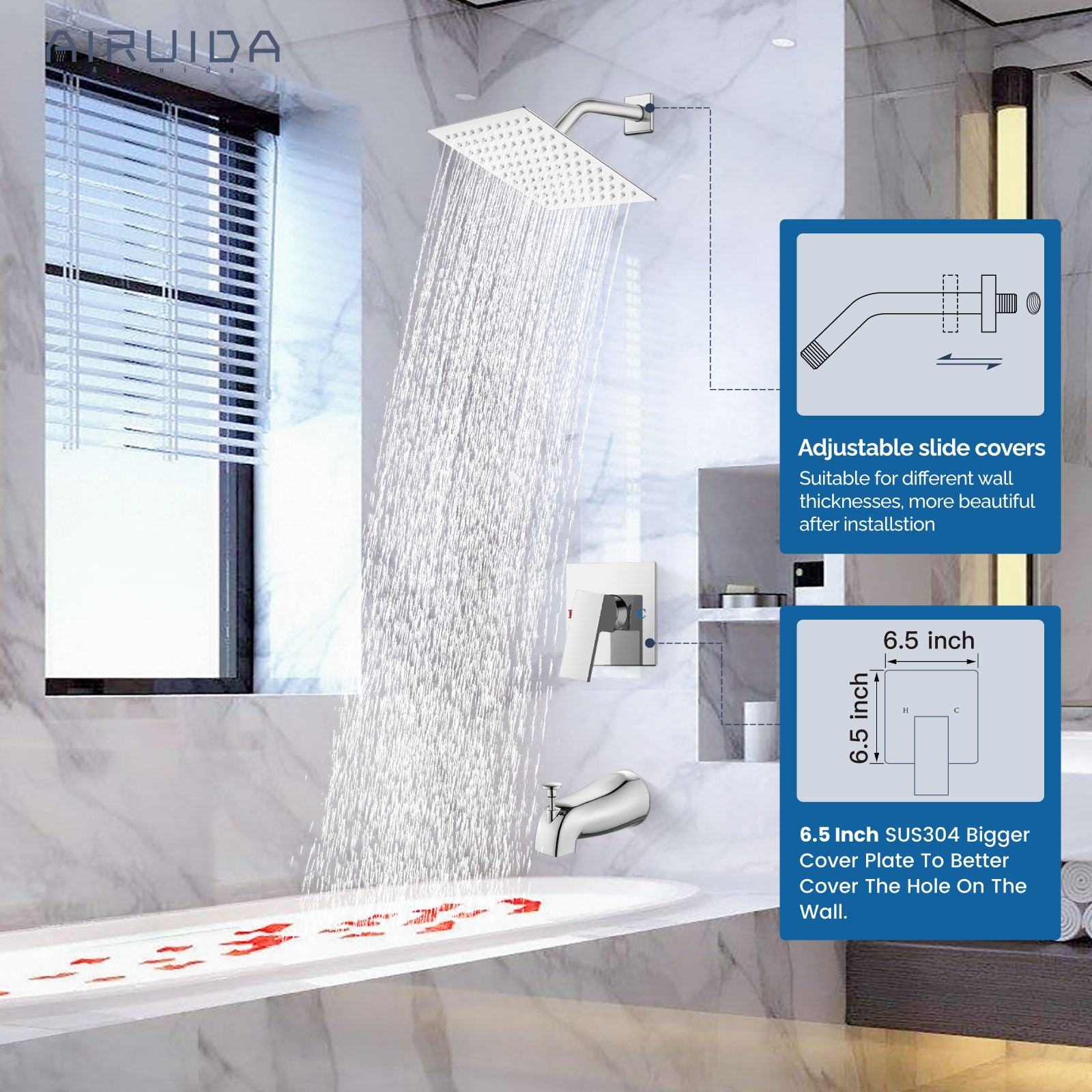 Airuida Shower Faucet Set with Tub Spout Bathtub Faucet Kit Shower Tub Faucet Set Complete Tub Shower Trim Kit with Solid Brass Rough-in Valve and Rainfall Square Showerhead