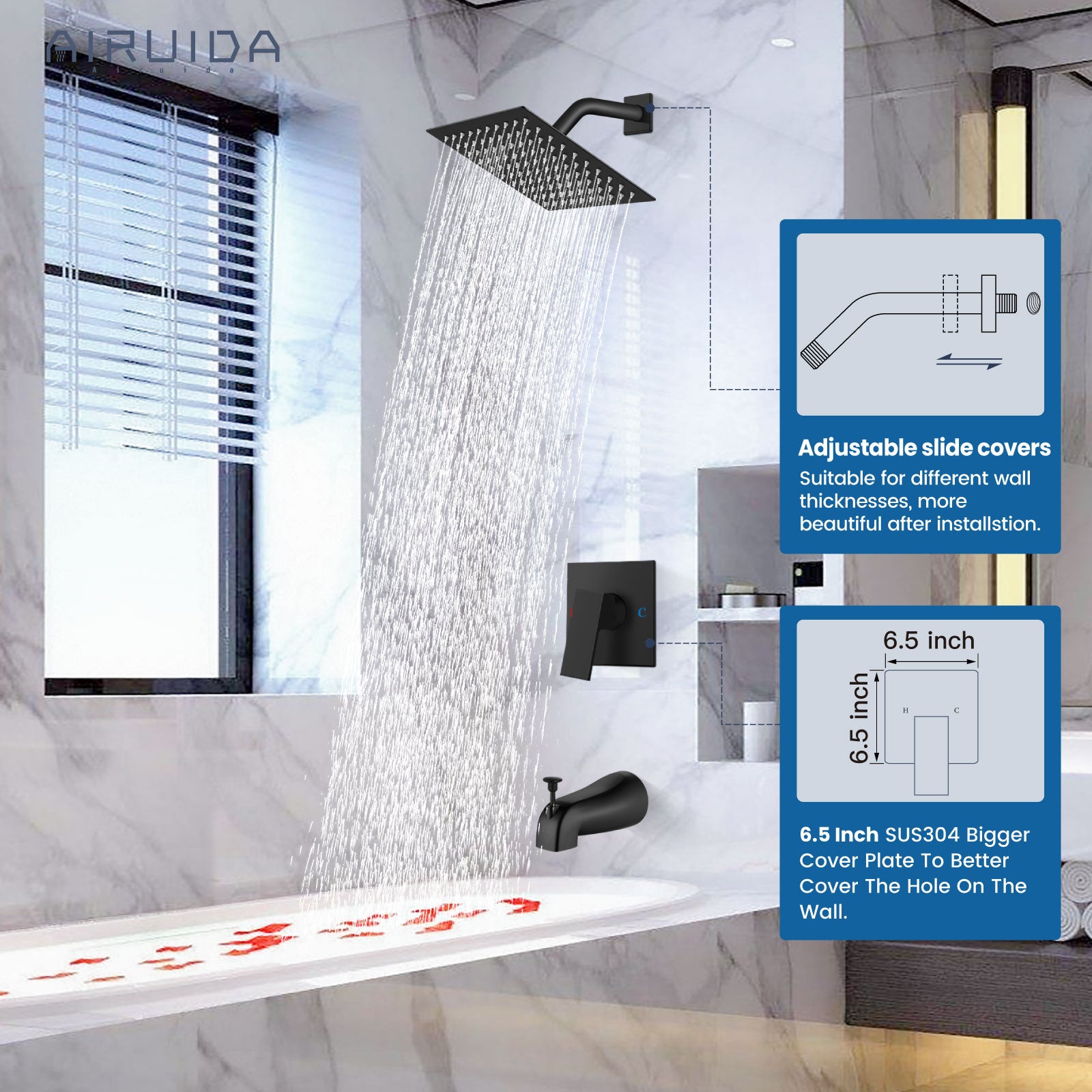 Airuida Shower Faucet Set with Tub Spout Bathtub Faucet Kit Shower Tub Faucet Set Complete Tub Shower Trim Kit with Solid Brass Rough-in Valve and Rainfall Square Showerhead