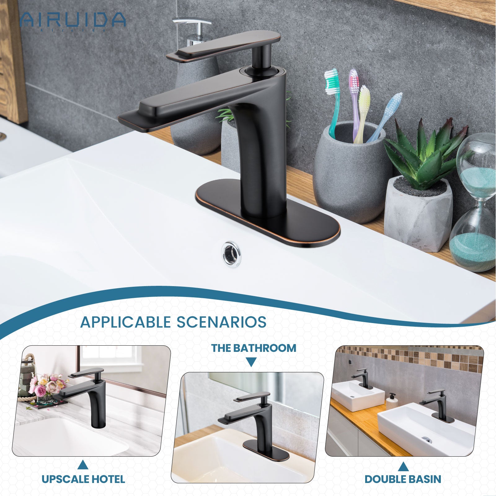 Airuida Single Handle Bathroom Sink Faucet 1 or 3 Hole Washbasin Mixer Tap Deck Mount Solid Brass Material Bath Lavatory Short Vanity Bathroom Faucet with Pop Up Drain and Deck Plate