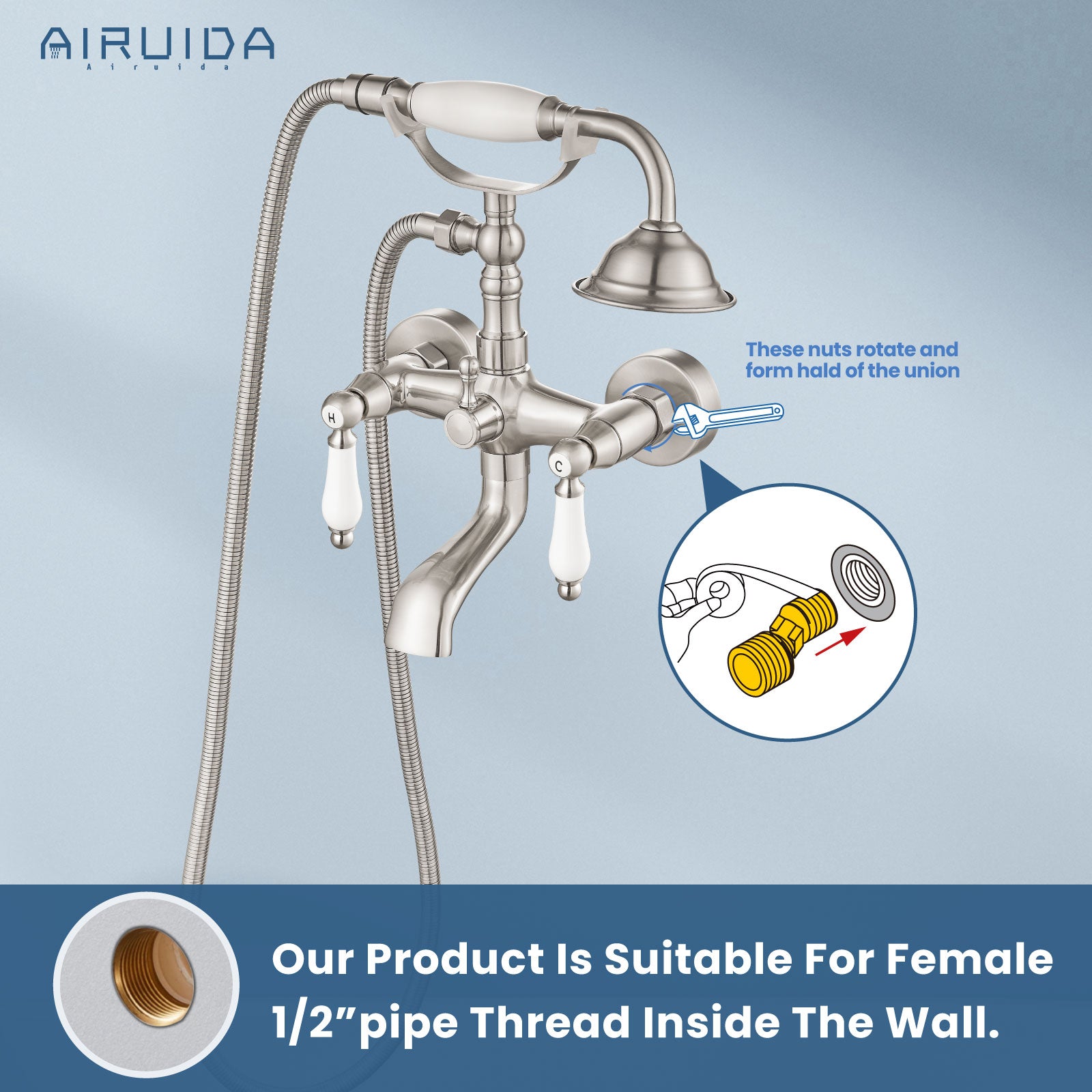 Airuida Wall Mount Bathtub Shower Faucet Kit with Telephone Shaped Handheld Sprayer Double Hot and Cold Water Mixer Tap Wall Mounted Tub Filler Set Vintage Style Lever Handles Brushed Nickel