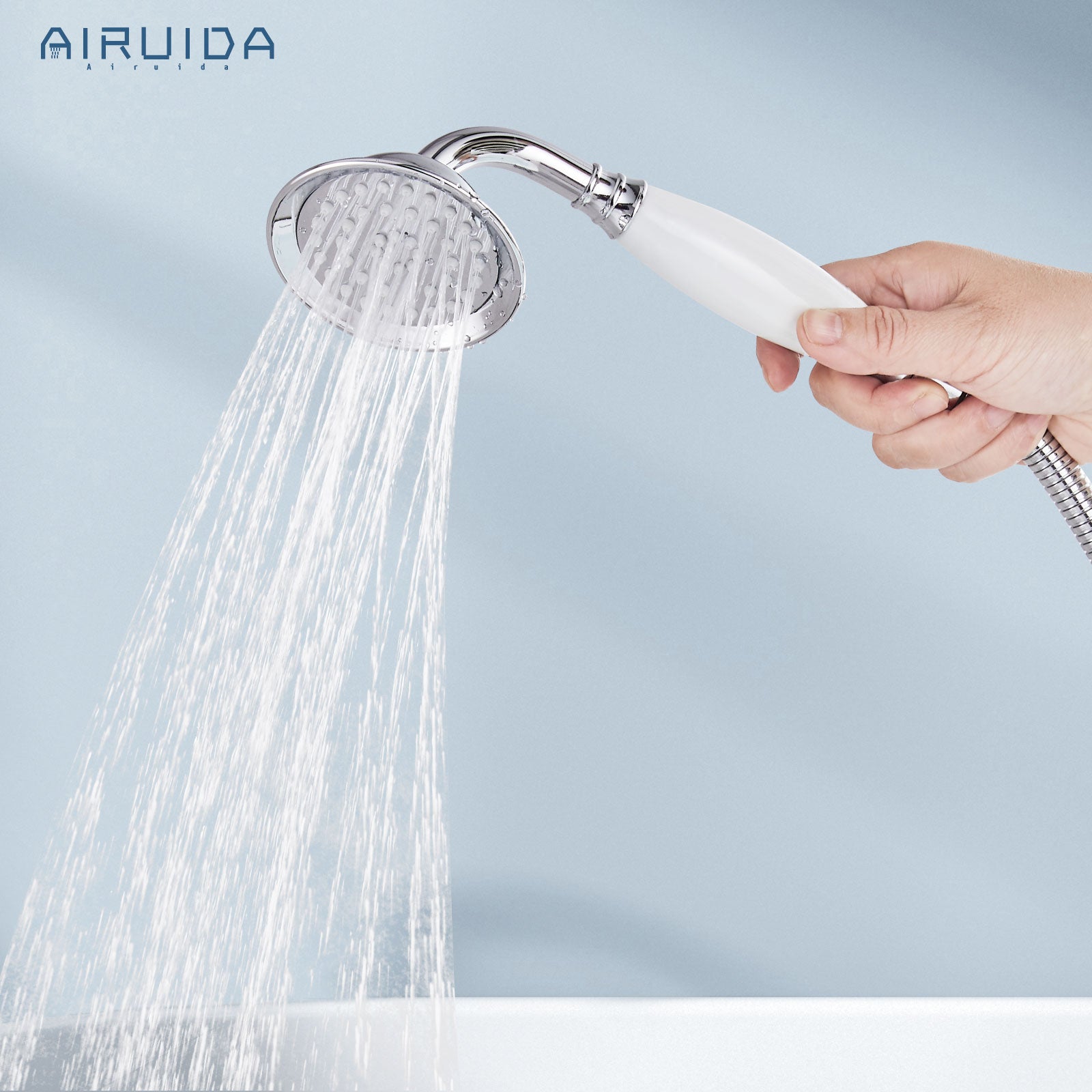 Airuida Wall Mount Bathtub Shower Faucet Kit with Telephone Shaped Handheld Sprayer Double Hot and Cold Water Mixer Tap Wall Mounted Tub Filler Set Vintage Style Cross Handles Chrome Polish