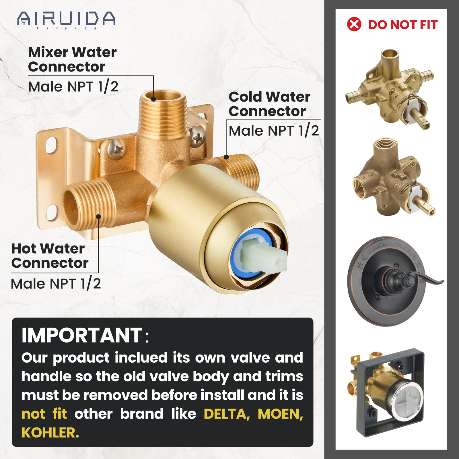 Airuida Single-Function Shower Handle Valve Trim Kit Shower Valves Wall Mount Brass Faucet Shower Rough-In Valve Bathroom Trim Kit Single Handle Tub Shower Valve Mixer
