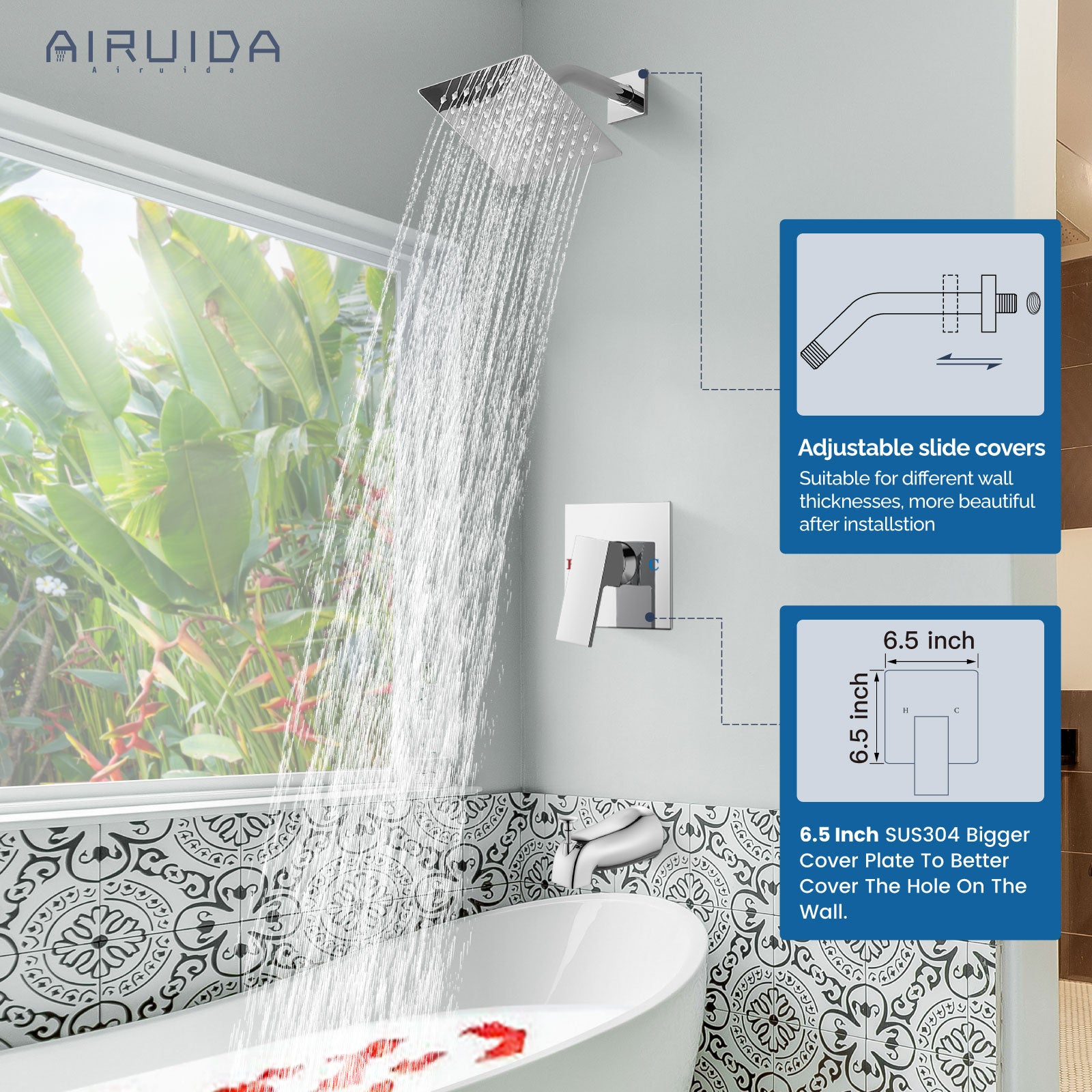 Airuida Shower Faucet Set with Tub Spout Bathtub Faucet Kit Shower Tub Faucet Set Complete Tub Shower Trim Kit with Solid Brass Rough-in Valve and Rainfall Square Showerhead
