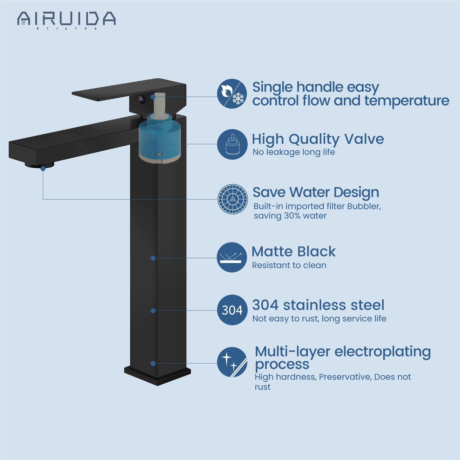 Airuida Single Handle Vessel Sink Faucet,Tall Bathroom Sinks Faucet,1 Hole Lavatory Modern Faucet for Bowl Sink,Vanity Mixer Bar Tap with Water Supply Hoses Deck Mount Square Spout