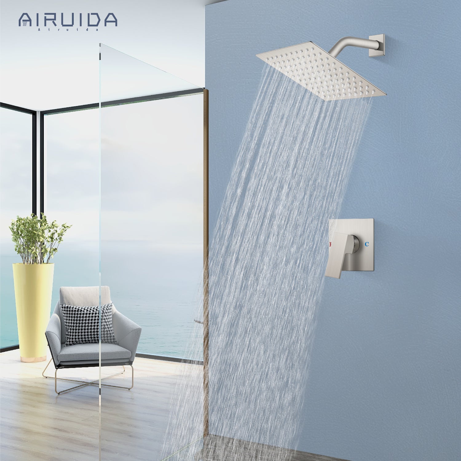 Airuida Shower Faucet Set Bathroom Rain Shower System 8 Inch Square Showerhead Single Function Single Handle Shower Trim Kit With Thread Rough-in Valve