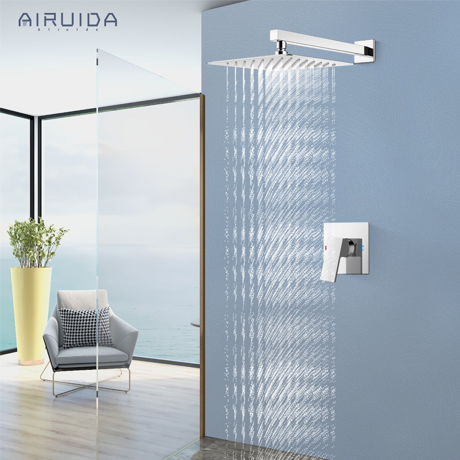 Airuida Shower Faucet Set, Single Function Shower Handle Wall Mount Bathroom Rainfall Shower Mixer, Square 10 Inch Shower Head Shower Valve and Trim Kit with Female Thread Rough-in Valve