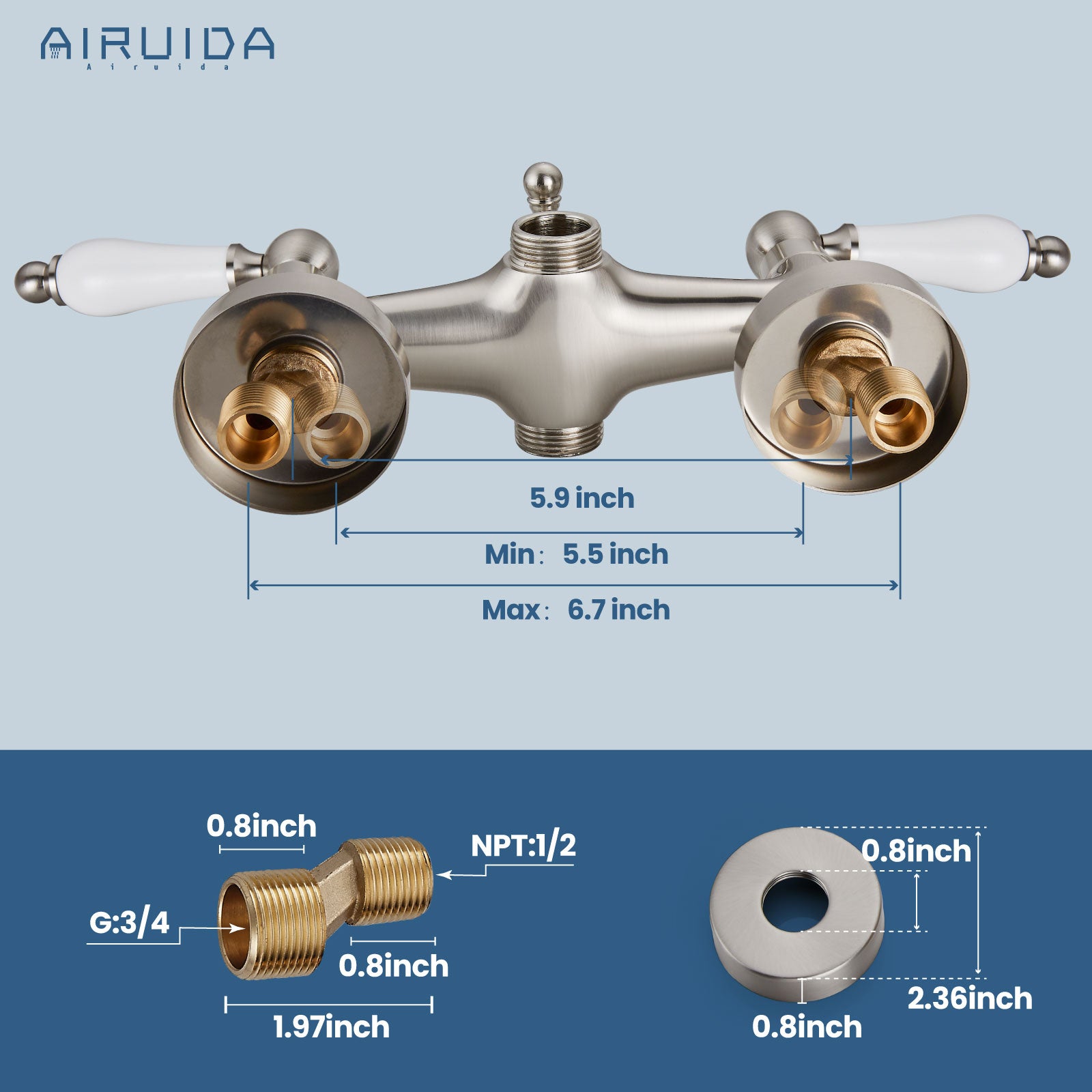 Airuida Wall Mount Bathtub Shower Faucet Kit with Telephone Shaped Handheld Sprayer Double Hot and Cold Water Mixer Tap Wall Mounted Tub Filler Set Vintage Style Lever Handles Brushed Nickel