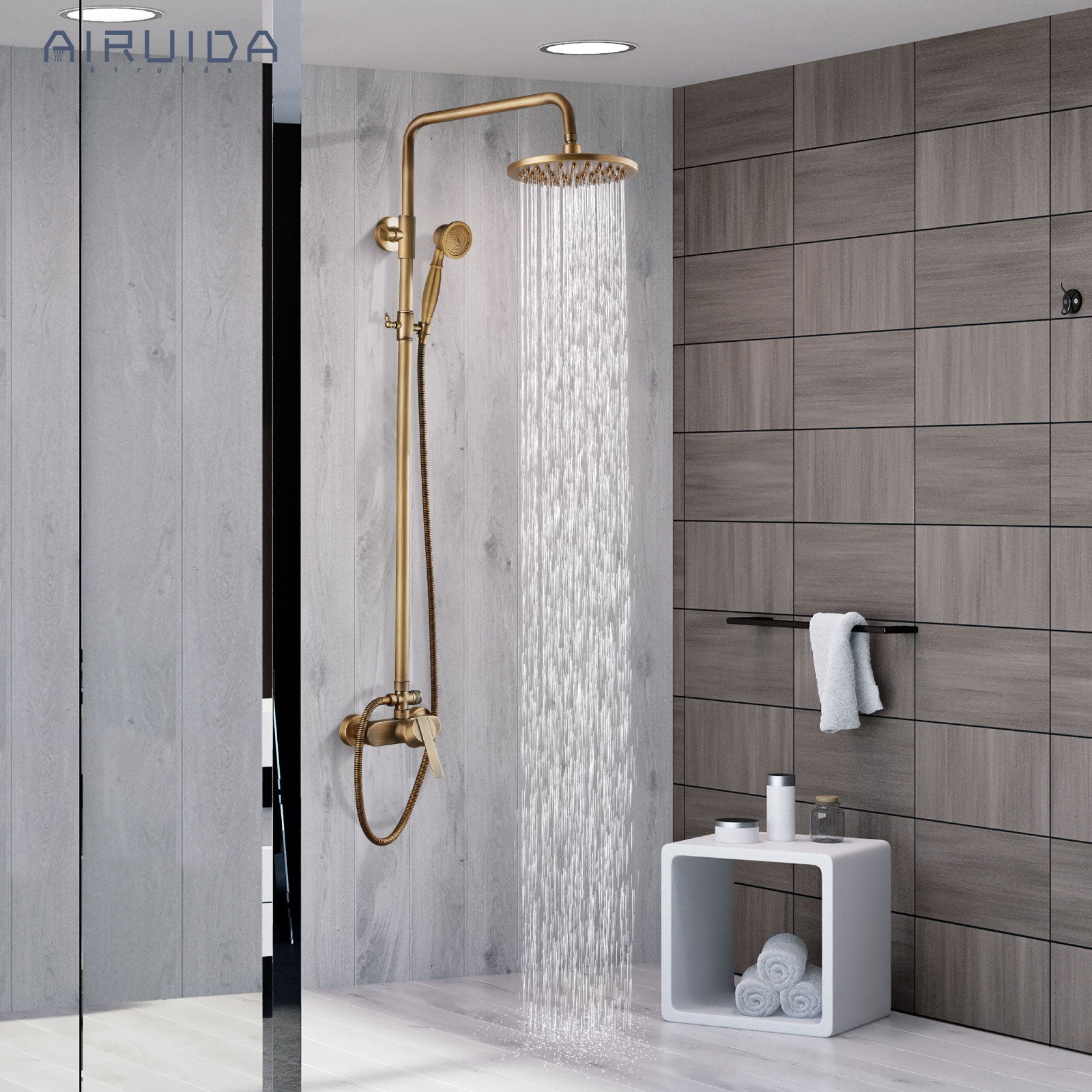 Airuida Shower Fixture 8 Inch Rain Shower Head Exposed Pipe Shower System Single handle Dual Functions Shower Faucet Combo Unit Set Adjustable Shower Head Bar Modern