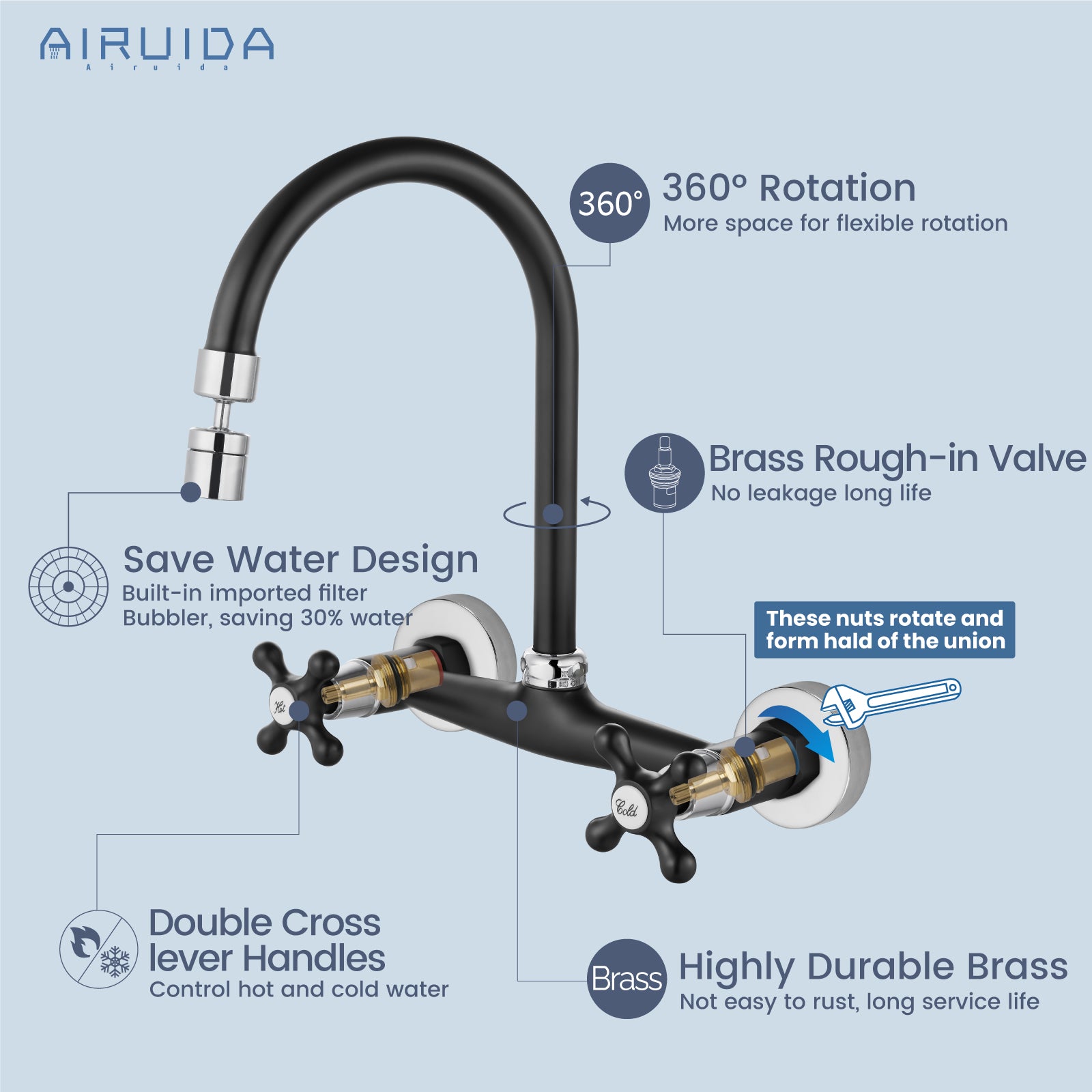 Airuida Matte Black & Polished Chrome Wall Mount Faucet with Sprayer Commercial Kitchen Faucet 8 Inch Center Utility Sink Faucet 360 Degree Swivel Spout Restaurant Sinks Laundry Room Faucet