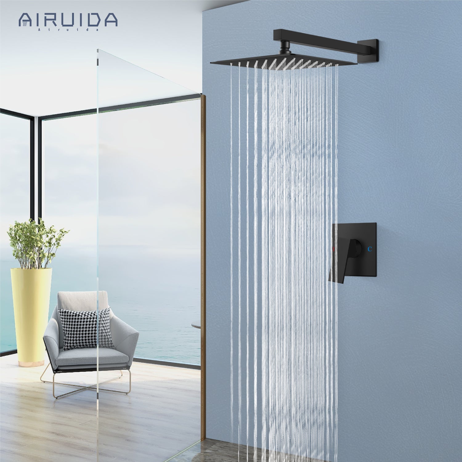 Airuida Shower Faucet Set, Single Function Wall Mount Bathroom Rainfall Shower System, Shower Head Shower Valve and Trim Kit with Male Thread Rough-in Valve
