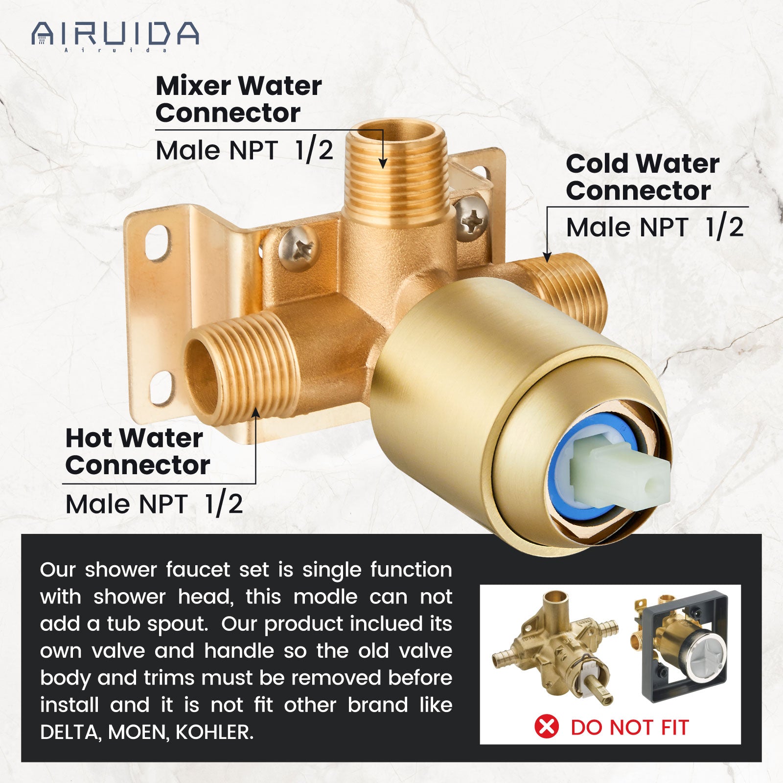 Airuida Shower Faucet Set,Single Function Shower Trim Kit,Wall Mount 6 Inch Round Rainfall Shower Head and Handle Set,Single Handle Shower System Set Male Threads Rough-in Valve Brushed Gold