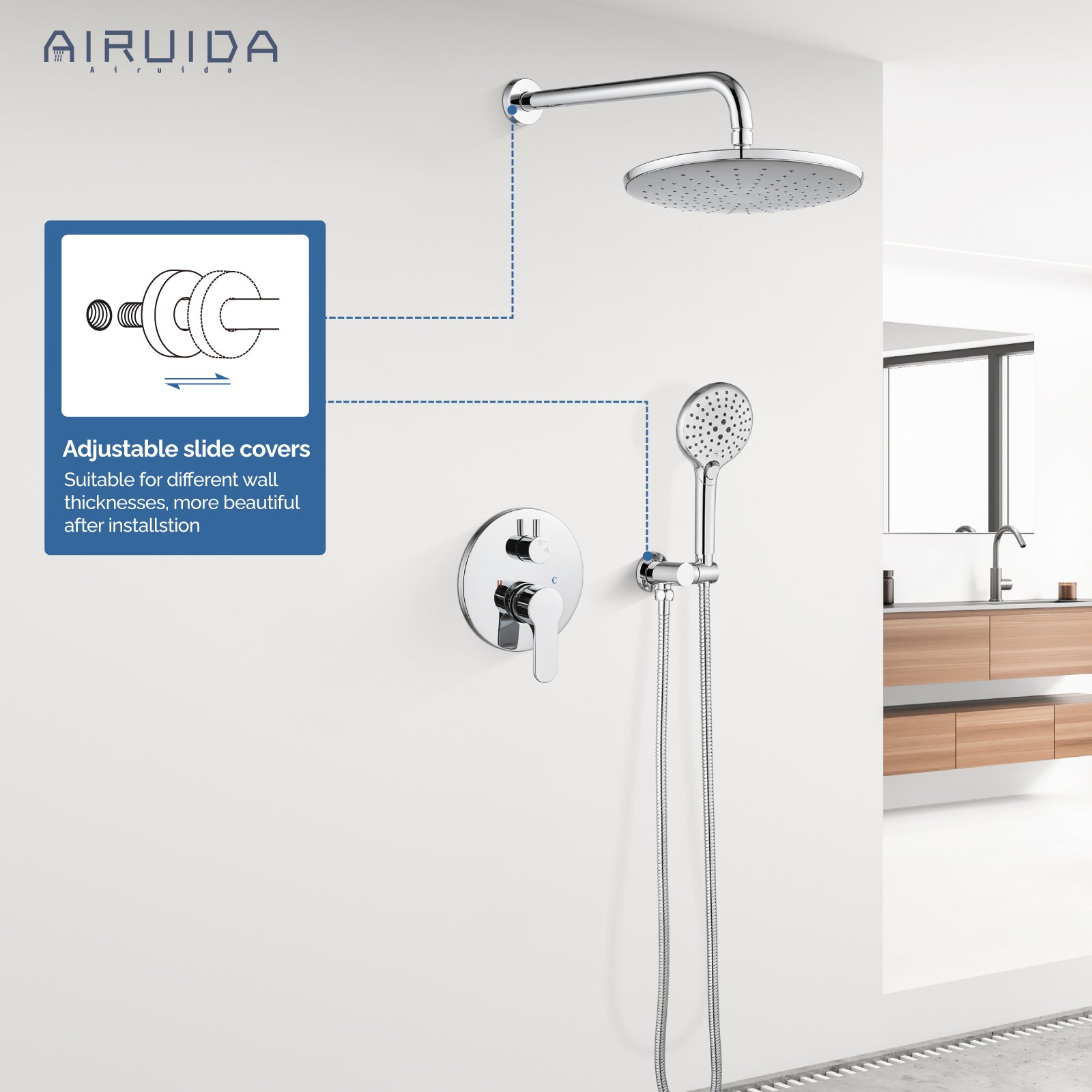 Airuida Chrome Polish Shower Fixtures Wall Mount 2 Functions Rain Shower System 10 Inches Round Rainfall Shower Head Shower Faucet Set with Pressure Balance Valve ABS Shower Handheld Shower